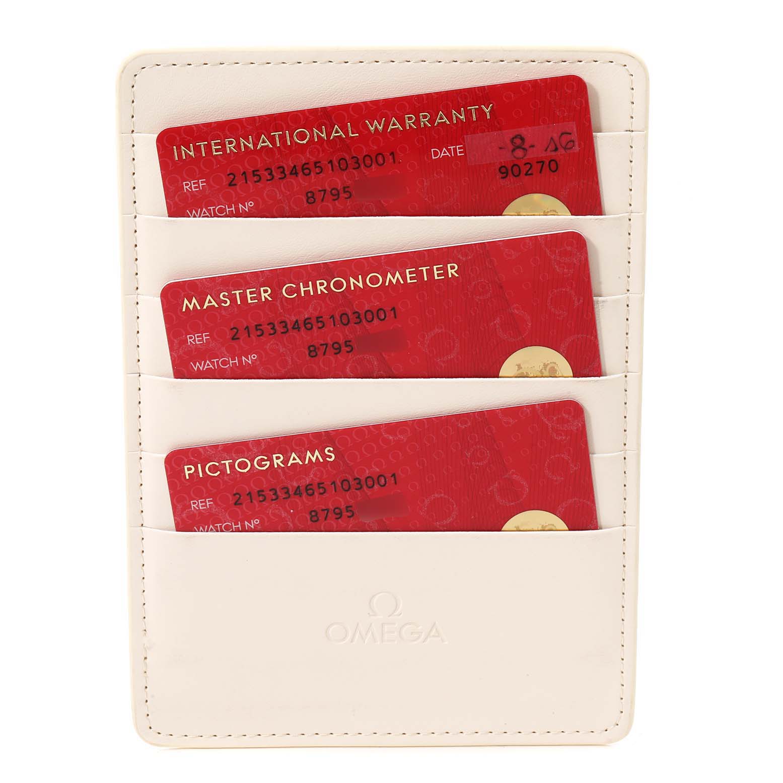 This image shows an Omega card holder containing warranty, chronometer, and pictogram cards for the Planet Ocean model.