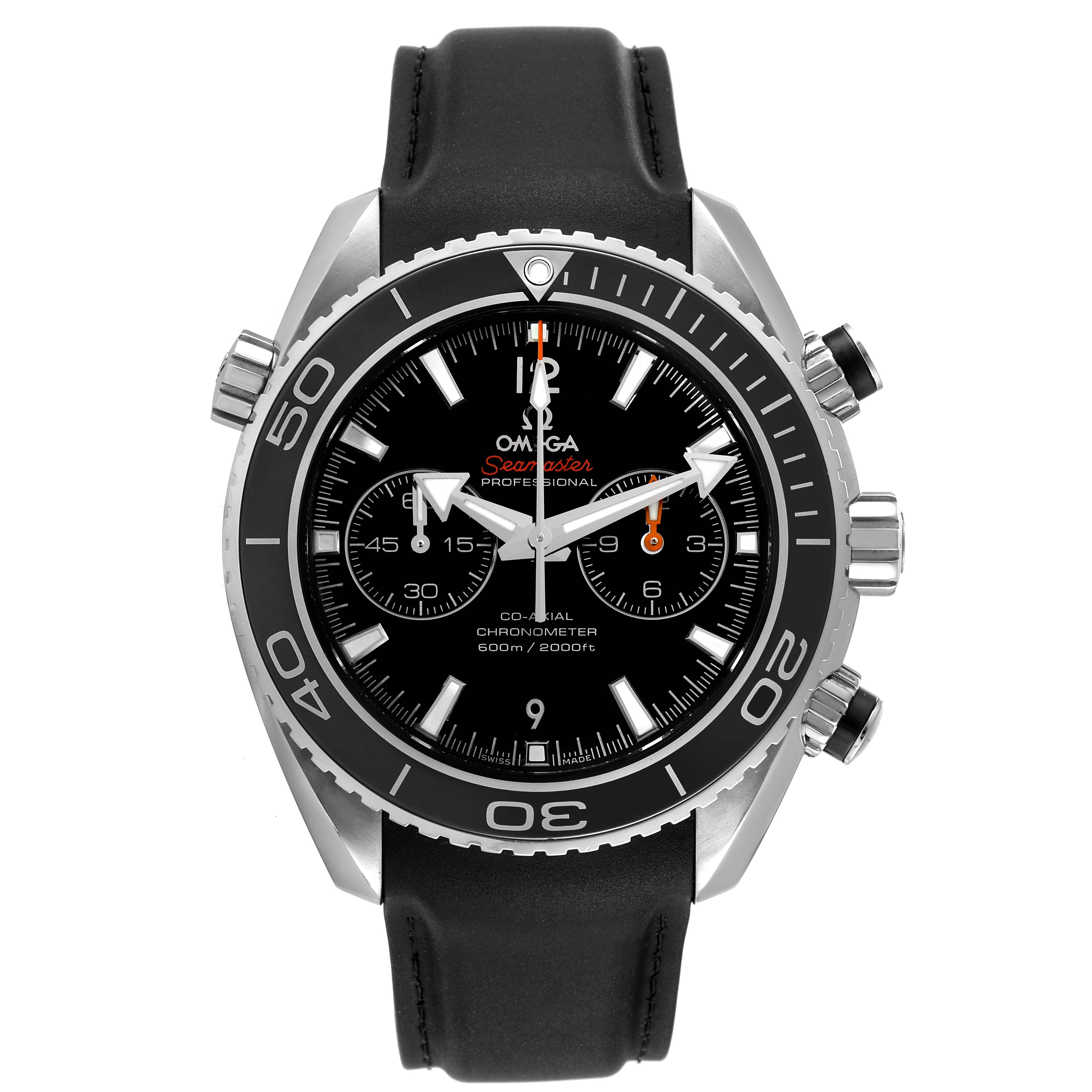 The image shows a front view of the Omega Planet Ocean 232.32.46.51.01.003 Men
s Stainless Steel Black Dial 232.32.46.51.01.003 Men
s Stainless Steel Black Dial watch with its bezel, crown, pushers, and black leather strap.