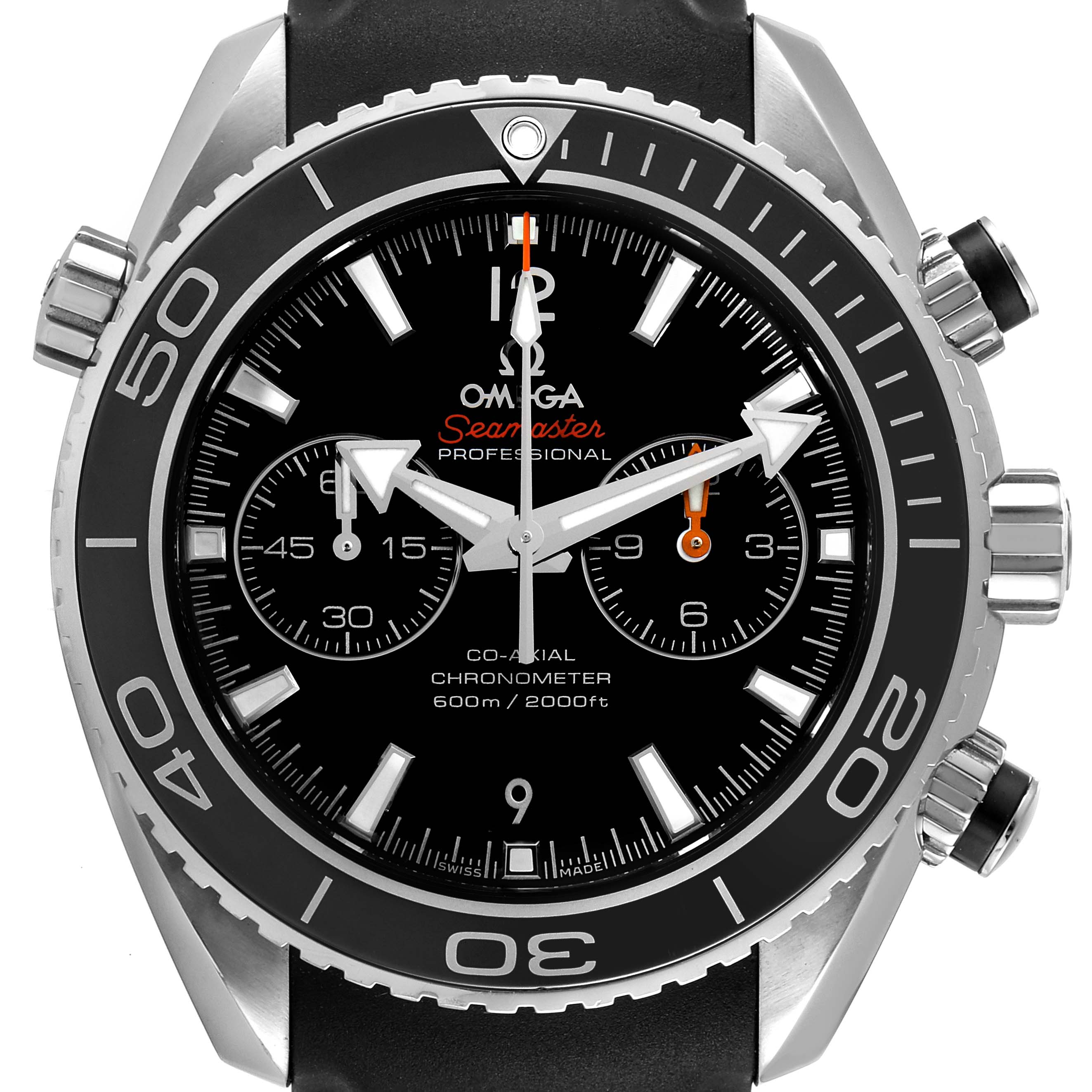The image shows a front view of the Omega Planet Ocean 232.32.46.51.01.003 Men
s Stainless Steel Black Dial 232.32.46.51.01.003 Men
s Stainless Steel Black Dial watch, highlighting the dial, bezel, and chronograph buttons.