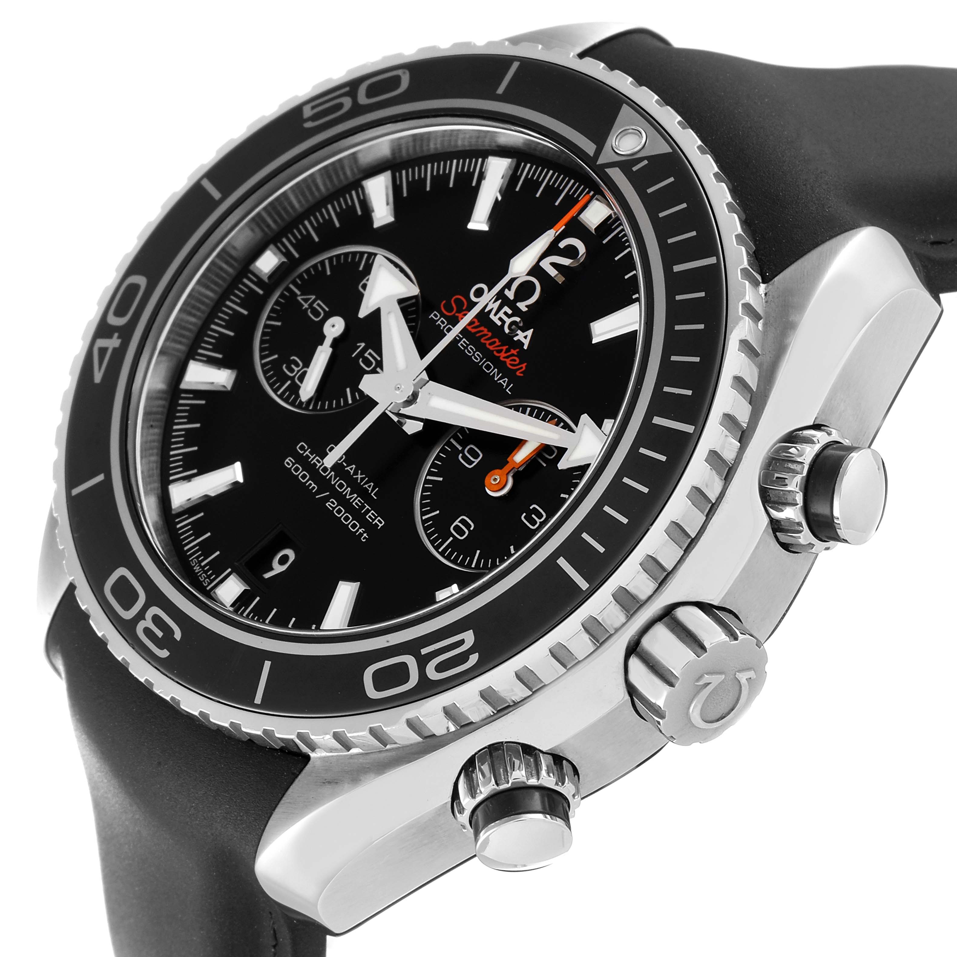 The image shows a side and front angle of the Omega Planet Ocean 232.32.46.51.01.003 Men
s Stainless Steel Black Dial 232.32.46.51.01.003 Men
s Stainless Steel Black Dial watch, highlighting its crown, bezel, and strap.