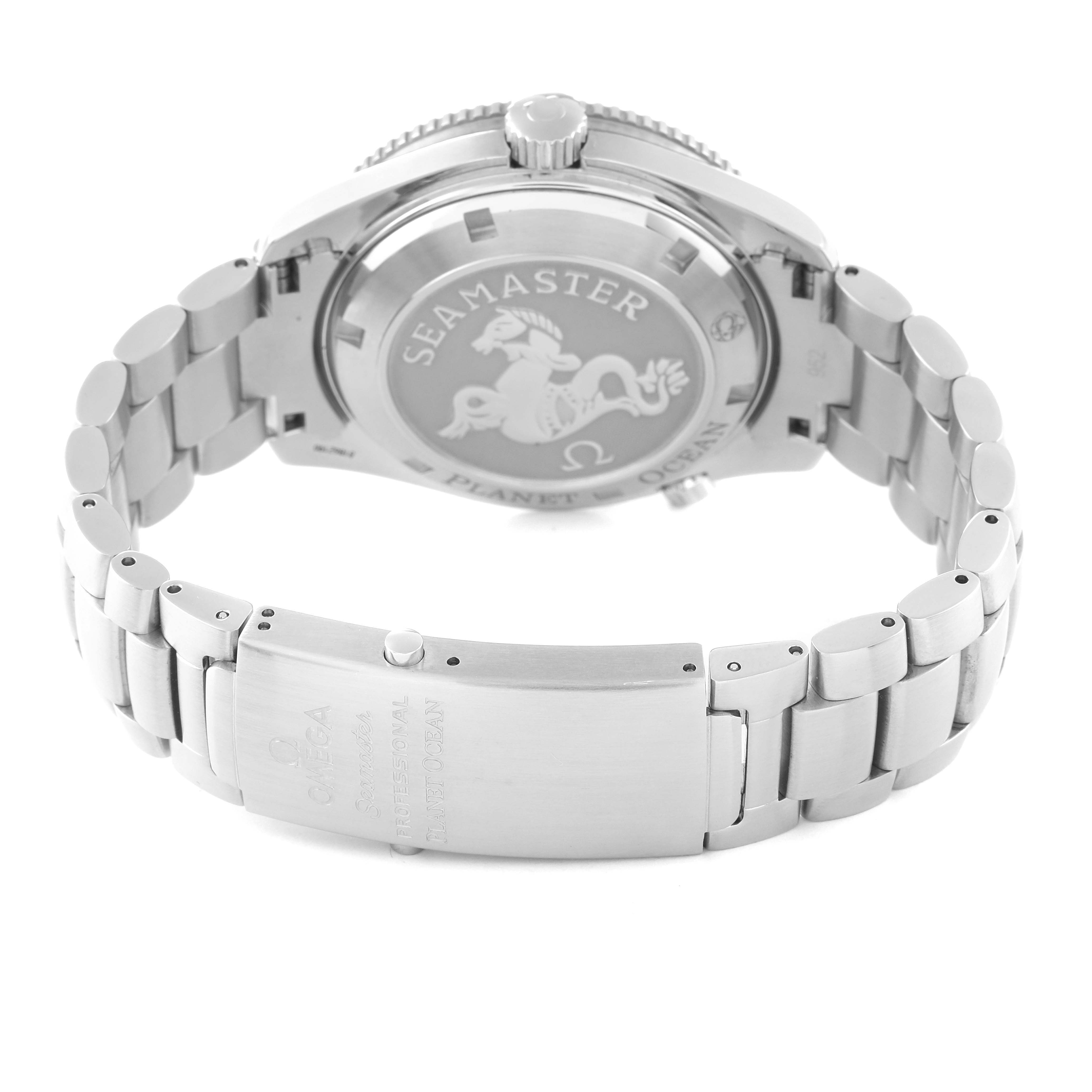 The image shows the back and bracelet of the Omega Planet Ocean 2209.50.00 Men
s Stainless Steel Black Dial 2209.50.00 Men
s Stainless Steel Black Dial watch, highlighting its clasp and case back with an engraved logo.
