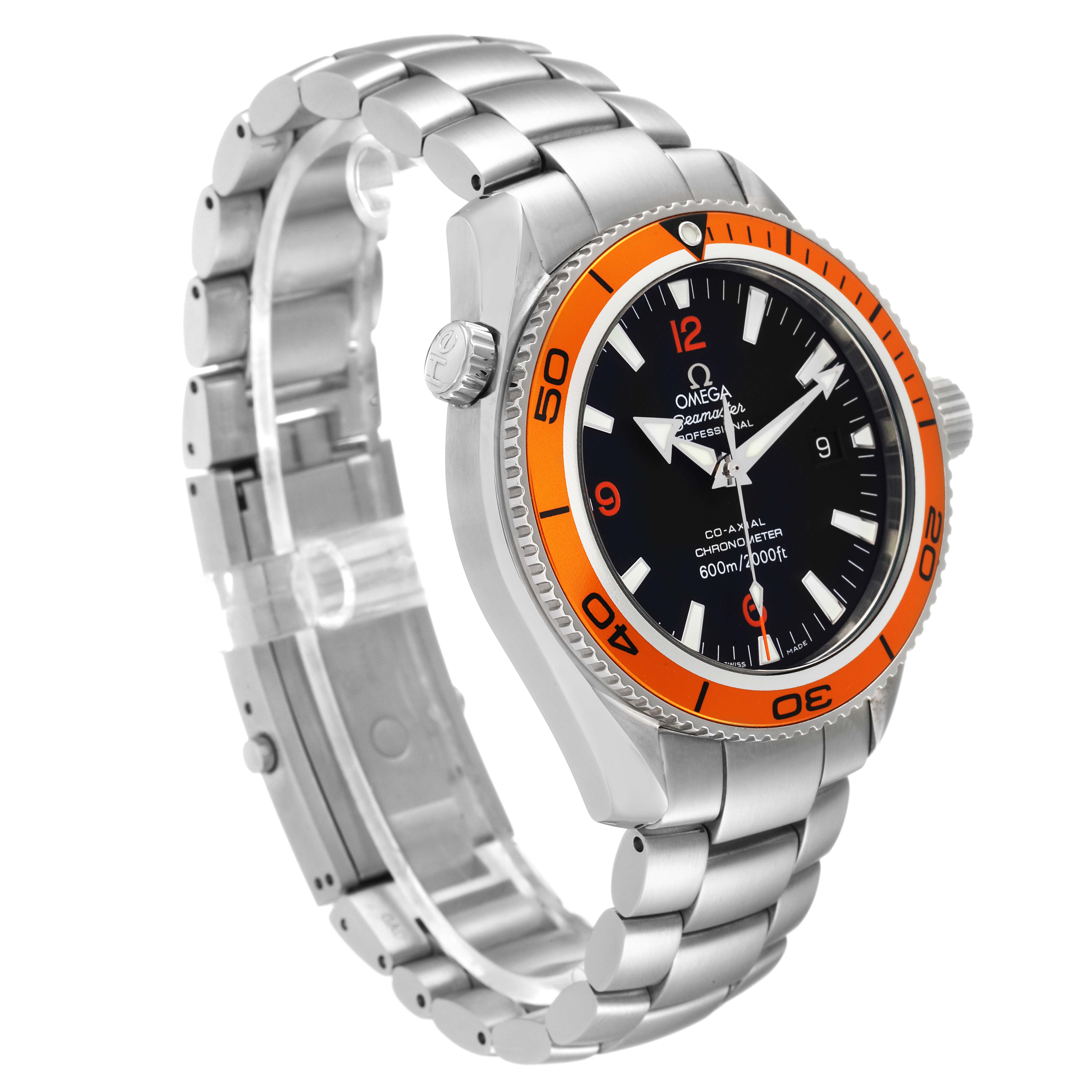 The Omega Planet Ocean 2209.50.00 Men
s Stainless Steel Black Dial 2209.50.00 Men
s Stainless Steel Black Dial watch is shown from a three-quarter angle, highlighting the orange bezel, black dial, and stainless steel bracelet.