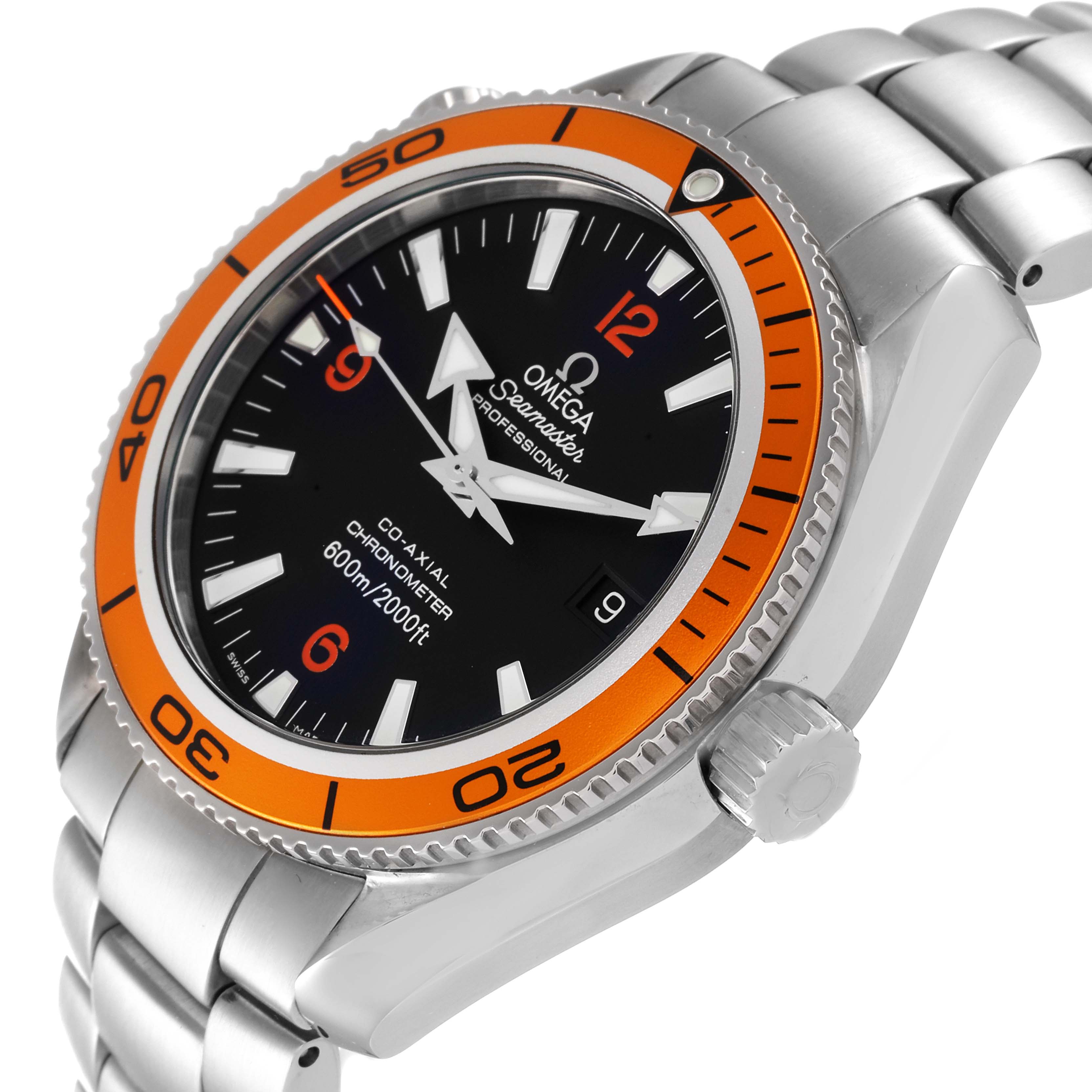 The image shows a front-angle view of an Omega Planet Ocean 2209.50.00 Men
s Stainless Steel Black Dial 2209.50.00 Men
s Stainless Steel Black Dial watch’s face, bezel, crown, and part of the bracelet.