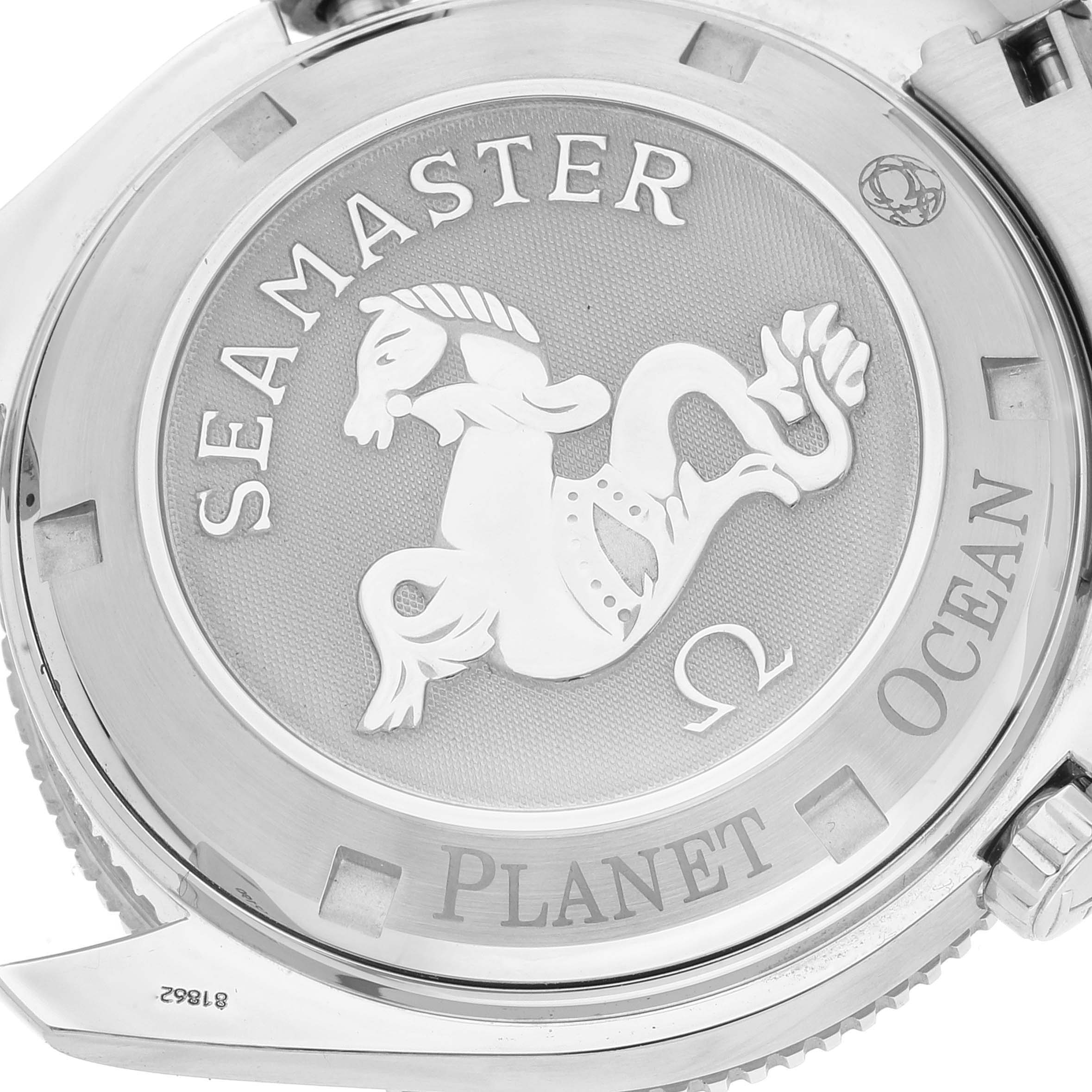 The image shows the back case of an Omega Seamaster Planet Ocean watch, highlighting the engraved seahorse logo.