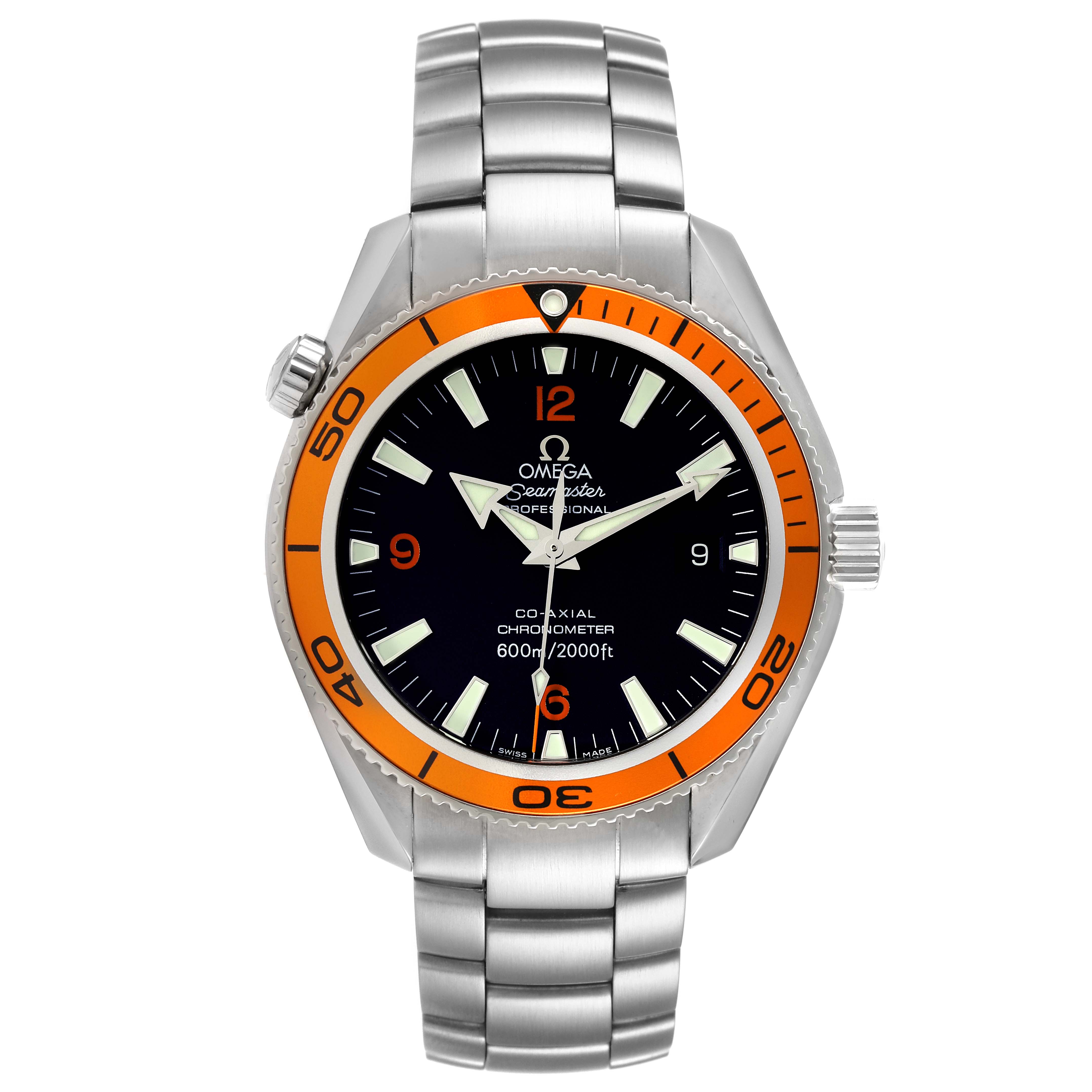 This Omega Planet Ocean 2209.50.00 Men
s Stainless Steel Black Dial 2209.50.00 Men
s Stainless Steel Black Dial watch is shown from the front, displaying its face, bezel, and bracelet in a straight-on angle.