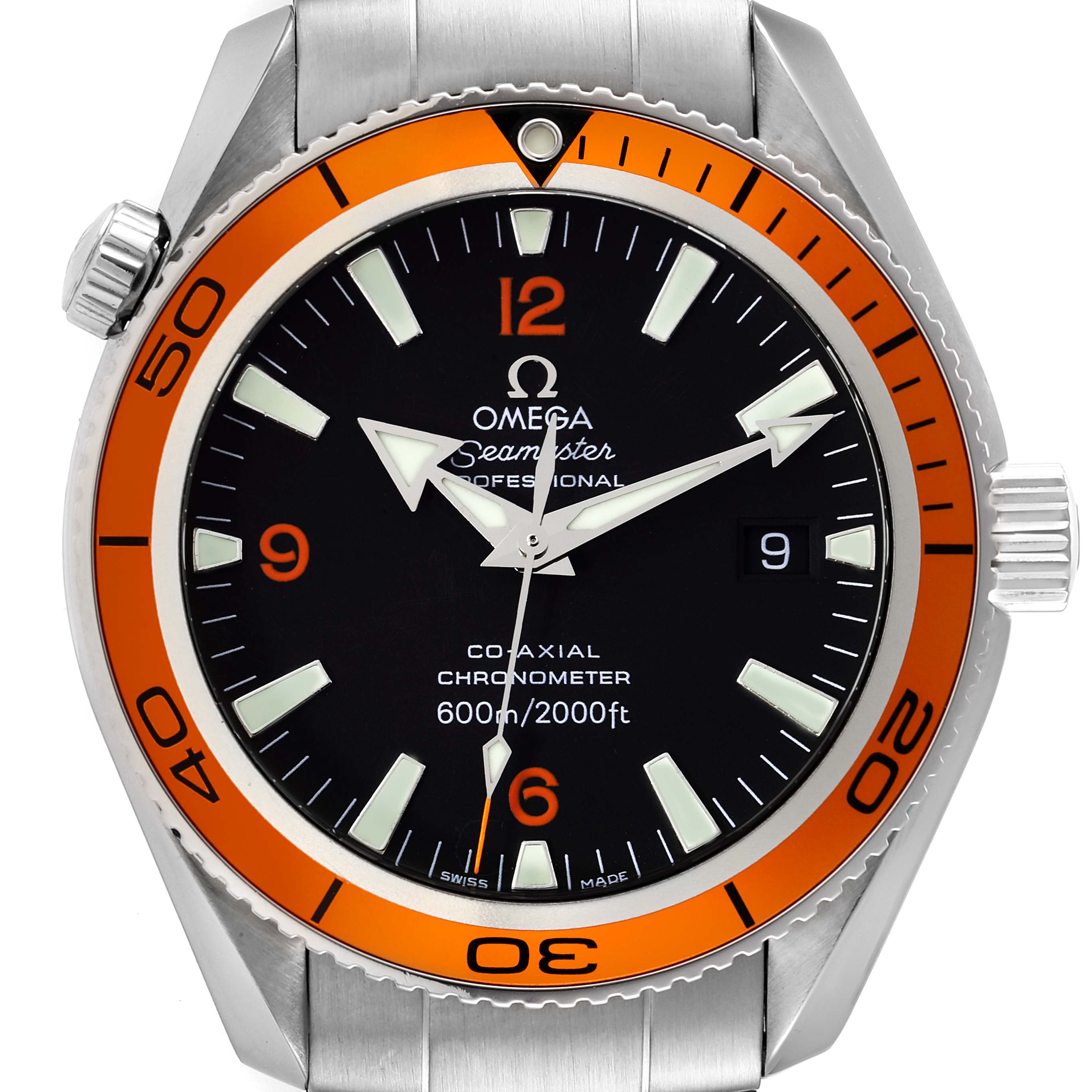 The watch is an Omega Planet Ocean 2209.50.00 Men's Stainless Steel Black Dial 2209.50.00 Men's Stainless Steel Black Dial, shown from the front, displaying the bezel, dial, and hands.