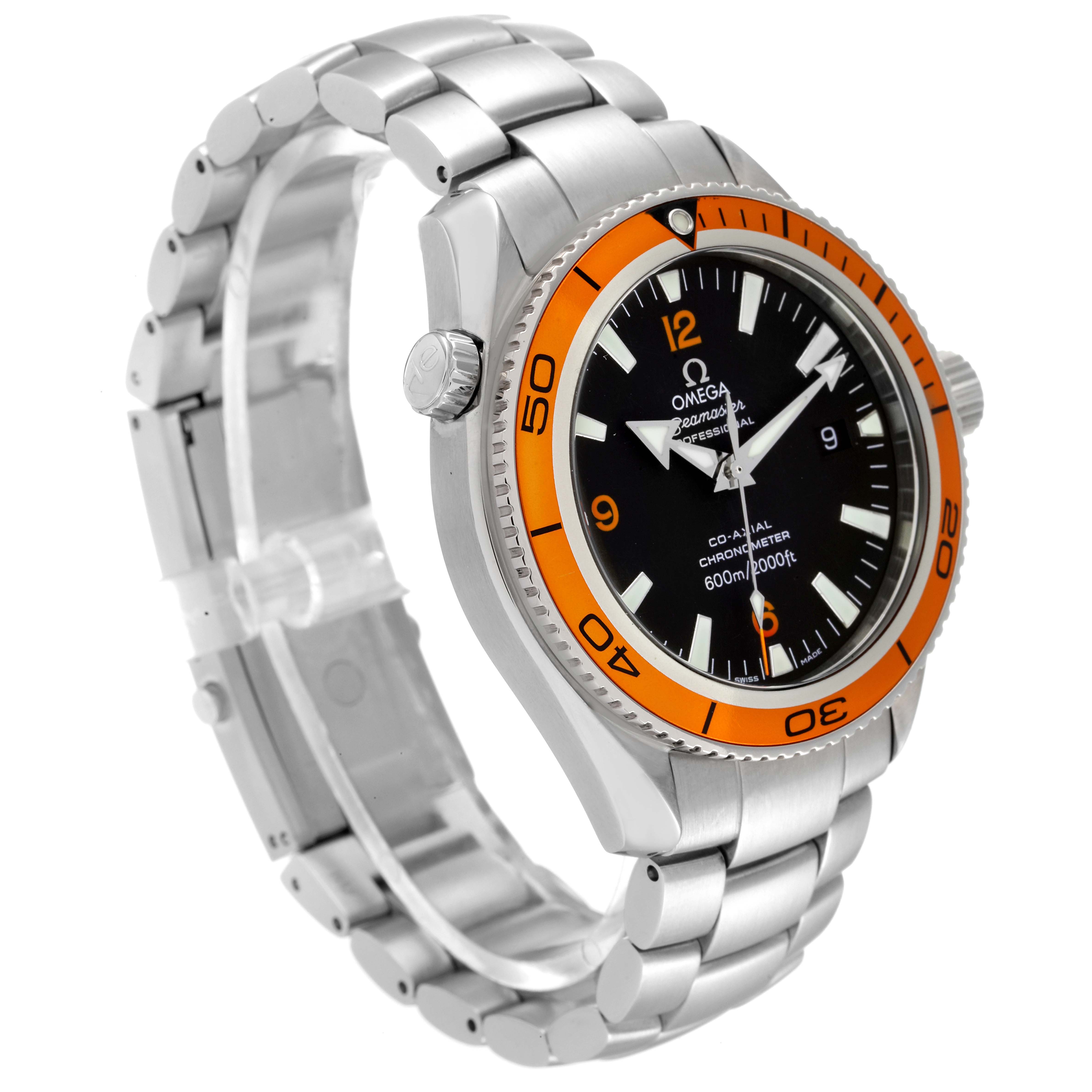 The image shows an angled view of the Omega Planet Ocean 2209.50.00 Men's Stainless Steel Black Dial 2209.50.00 Men's Stainless Steel Black Dial watch, highlighting its stainless steel bracelet, orange bezel, and black dial.