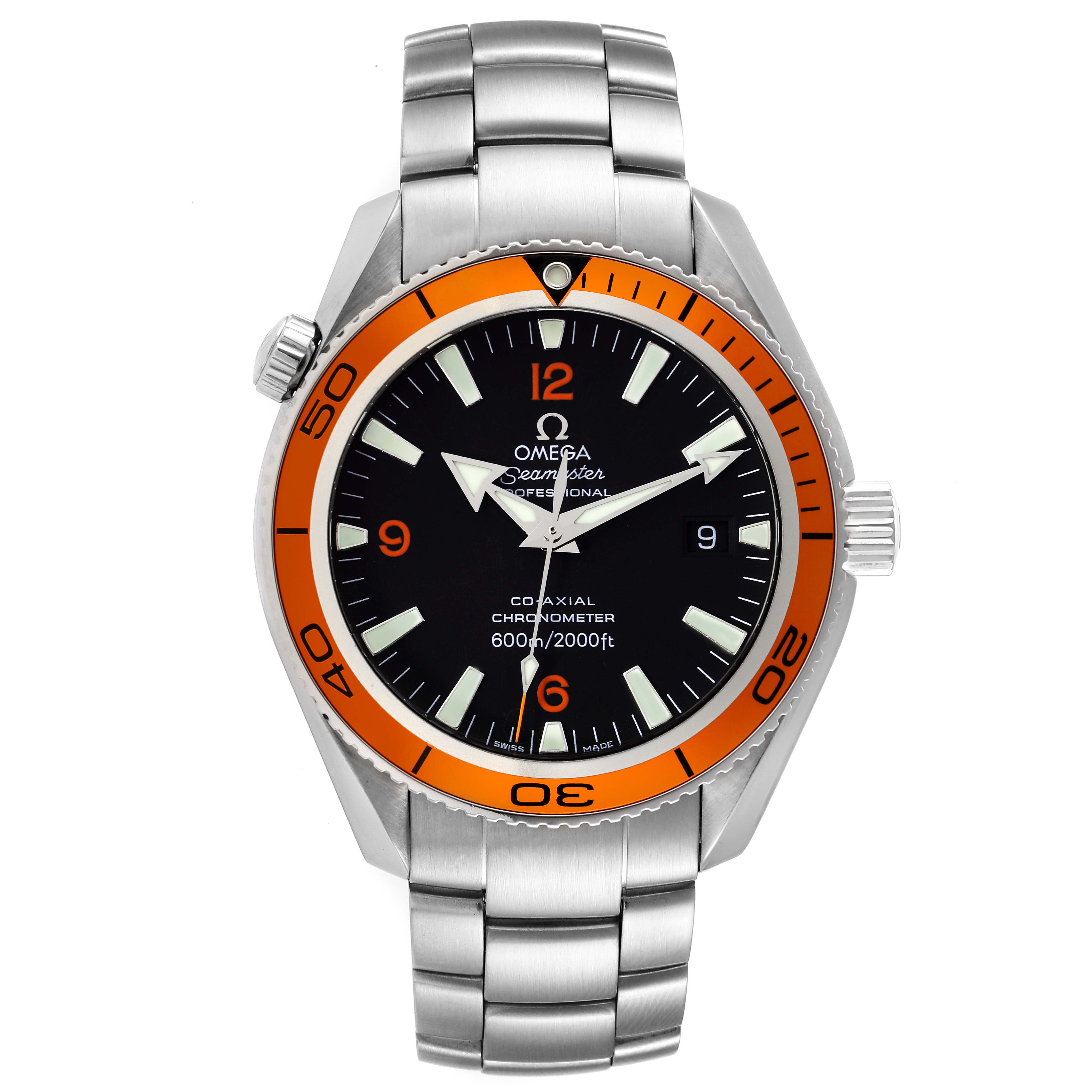 The image shows a front view of an Omega Planet Ocean 2209.50.00 Men's Stainless Steel Black Dial 2209.50.00 Men's Stainless Steel Black Dial watch, highlighting its dial, bezel, and bracelet.