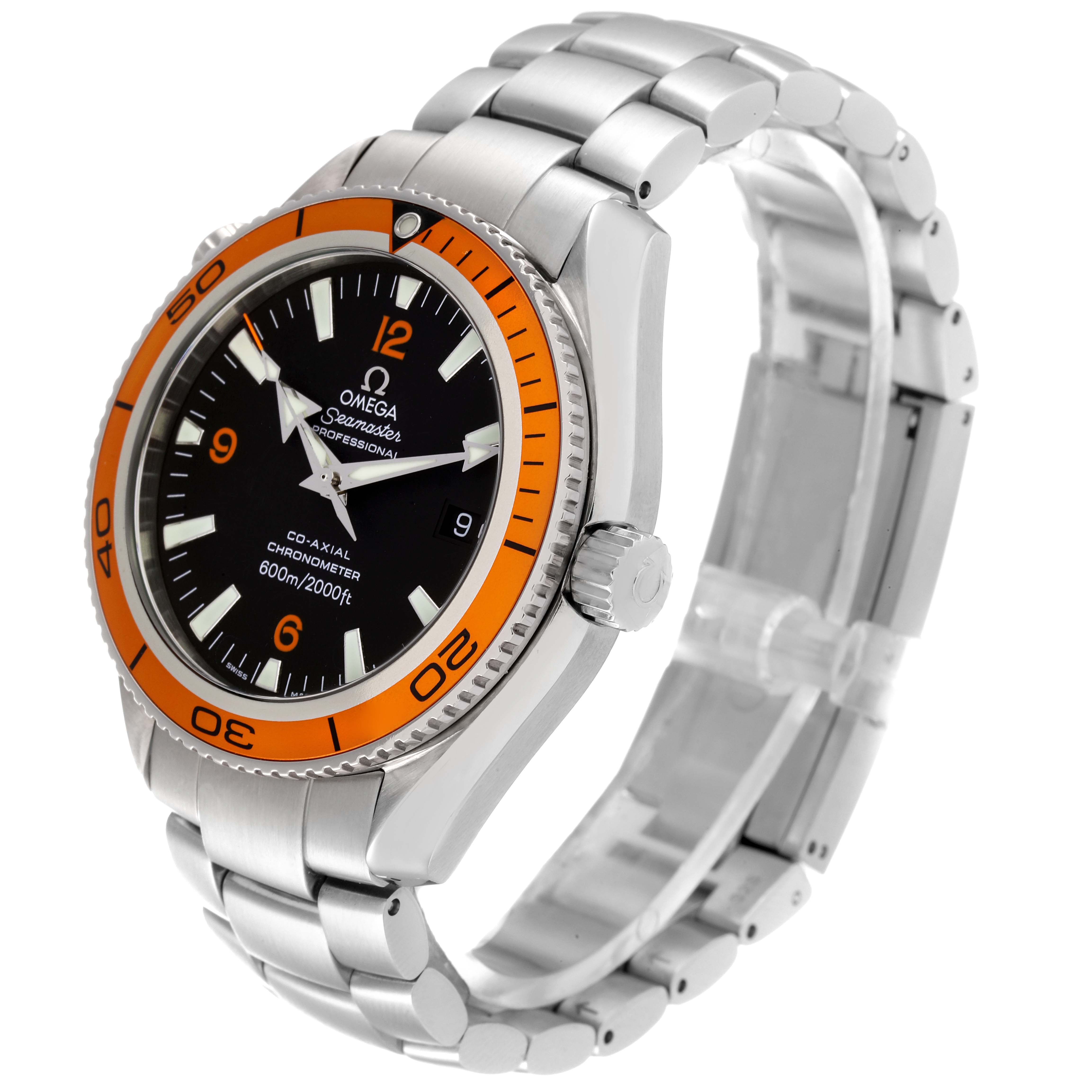 The image shows an angled view of the Omega Planet Ocean 2209.50.00 Men's Stainless Steel Black Dial 2209.50.00 Men's Stainless Steel Black Dial watch, highlighting its face, bezel, crown, and metal strap.