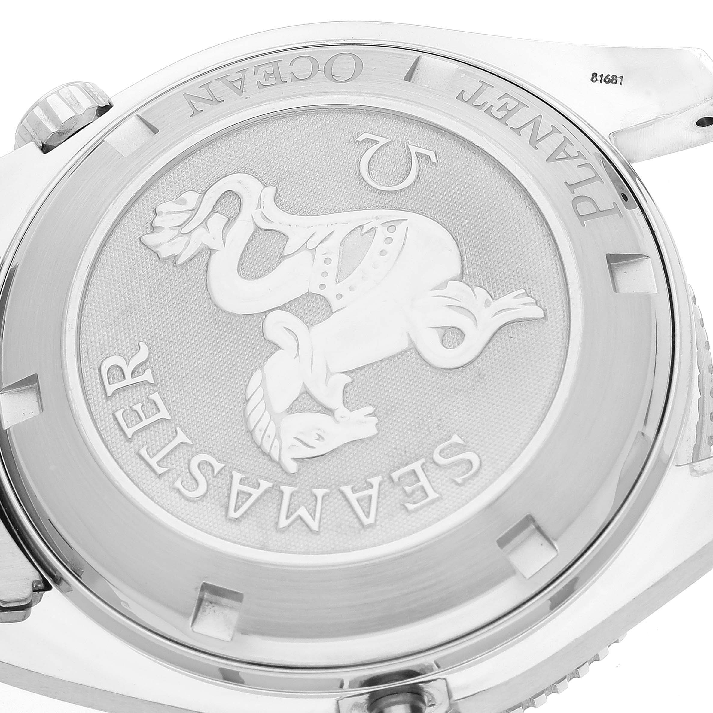 The image shows the case back of the Omega Planet Ocean 2209.50.00 Men's Stainless Steel Black Dial 2209.50.00 Men's Stainless Steel Black Dial watch featuring the Seamaster emblem.