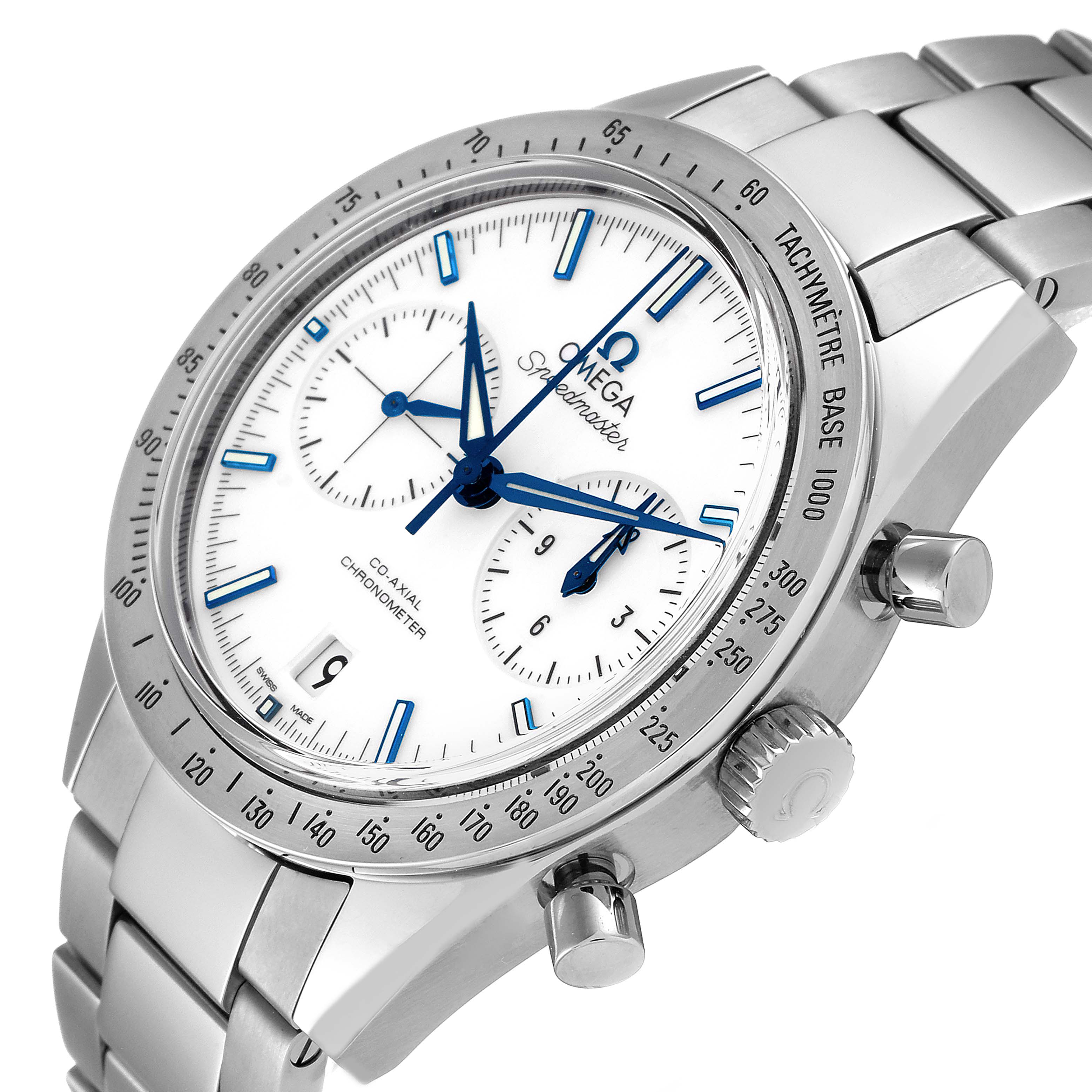 The image shows a close-up angle of an Omega Speedmaster 331.90.42.51.04.001 Men's Titanium White Dial 331.90.42.51.04.001 Men's Titanium White Dial watch, highlighting the face, bezel, and stainless steel bracelet.