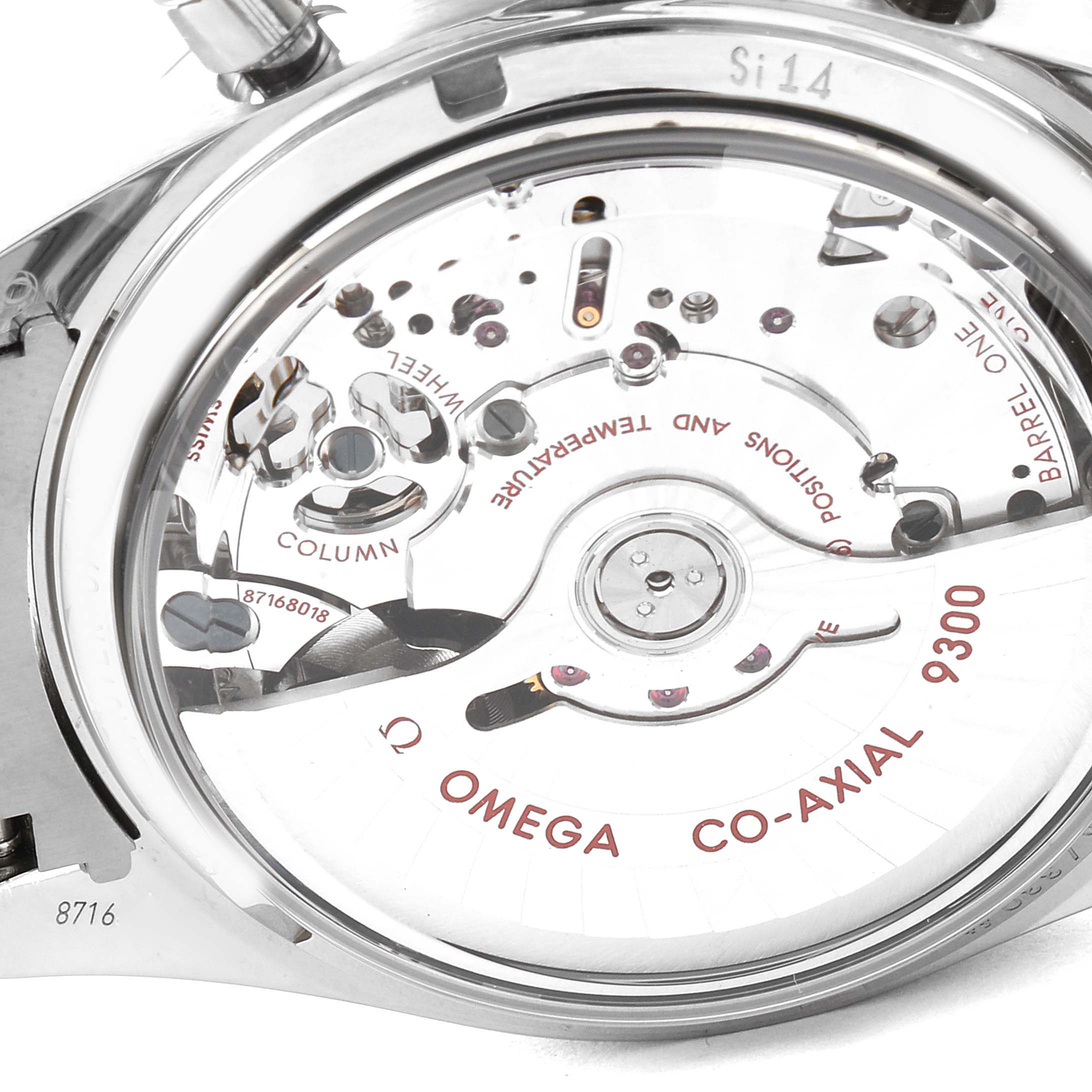 The image shows the internal mechanism of the Omega Speedmaster 331.90.42.51.04.001 Men's Titanium White Dial 331.90.42.51.04.001 Men's Titanium White Dial watch at an angled close-up view, highlighting the Co-Axial 9300 movement.