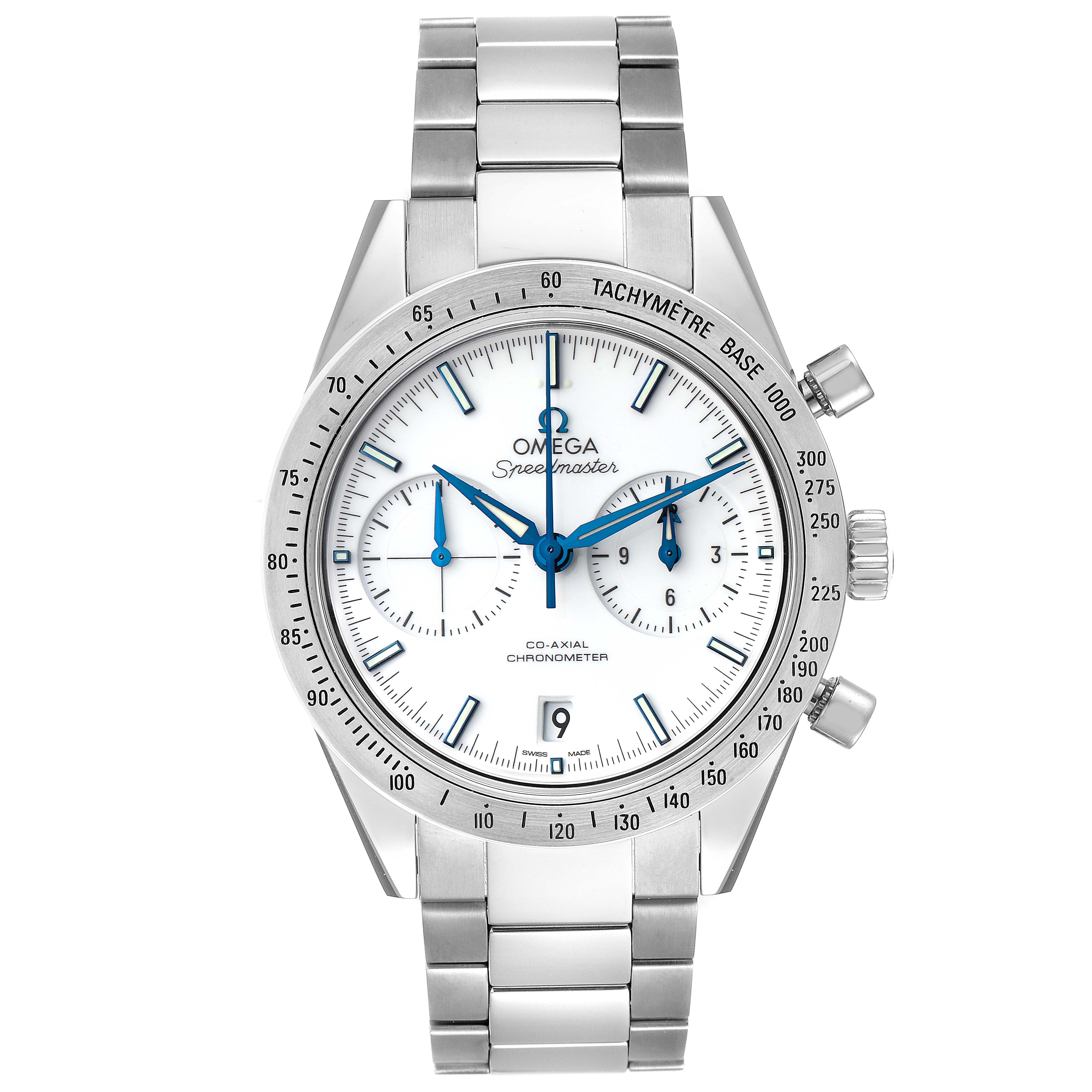 The image shows a front view of an Omega Speedmaster 331.90.42.51.04.001 Men's Titanium White Dial 331.90.42.51.04.001 Men's Titanium White Dial watch, highlighting its face, bezel, and stainless steel bracelet.
