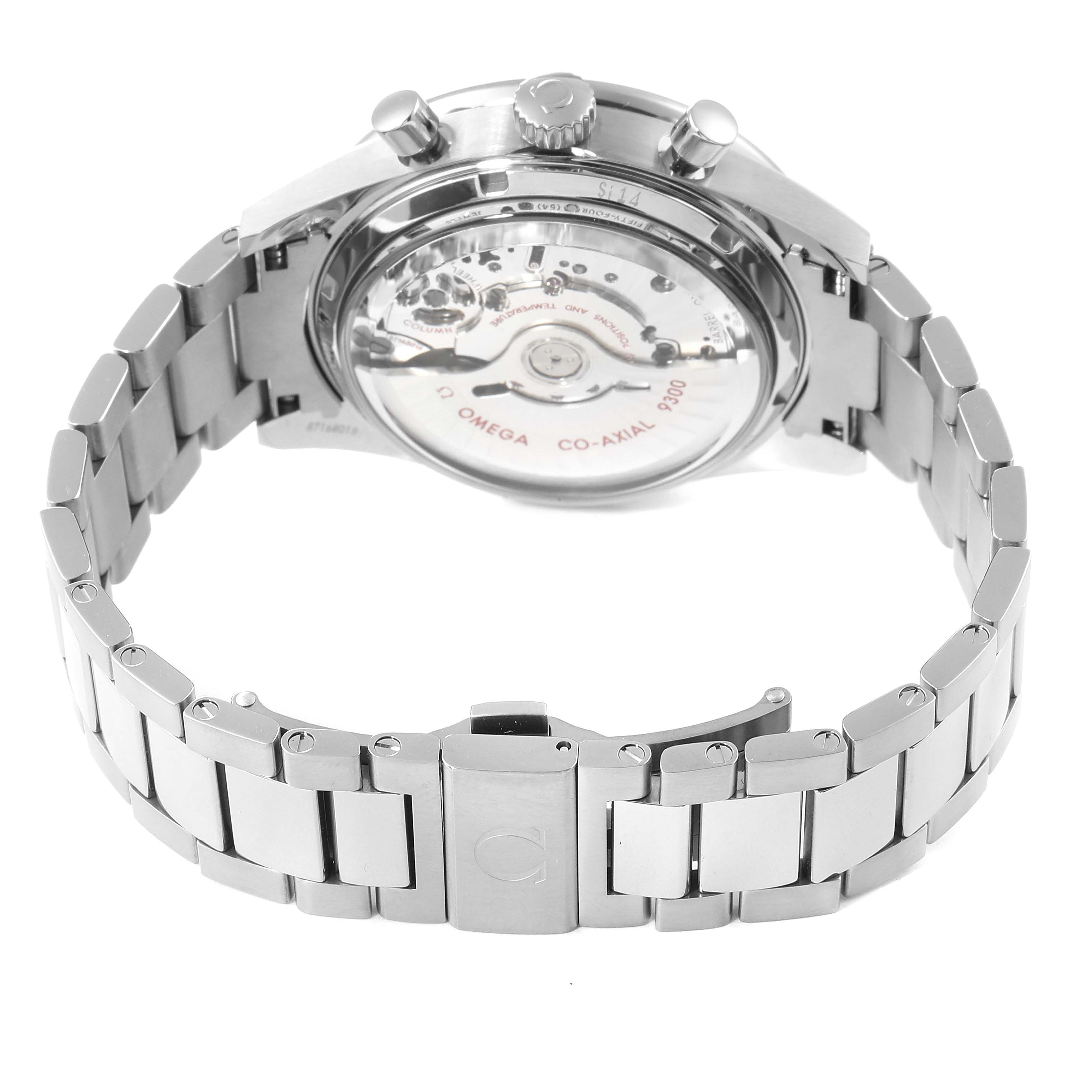 This image shows the back view of an Omega Speedmaster 331.90.42.51.04.001 Men's Titanium White Dial 331.90.42.51.04.001 Men's Titanium White Dial watch, focusing on its open case back and metal bracelet.