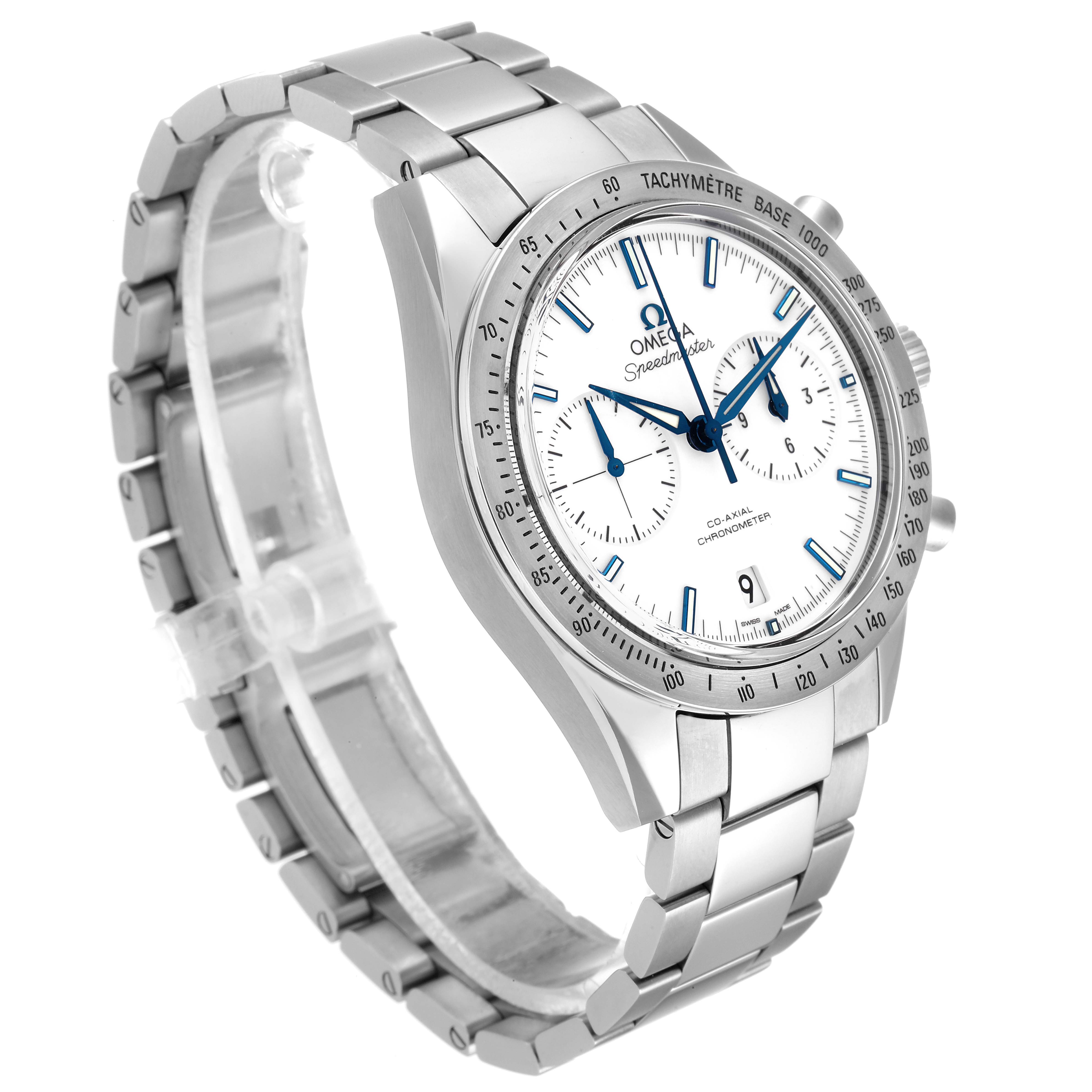 The Omega Speedmaster 331.90.42.51.04.001 Men's Titanium White Dial 331.90.42.51.04.001 Men's Titanium White Dial watch is shown at a three-quarter angle, highlighting its dial, bezel, crown, and stainless steel bracelet.