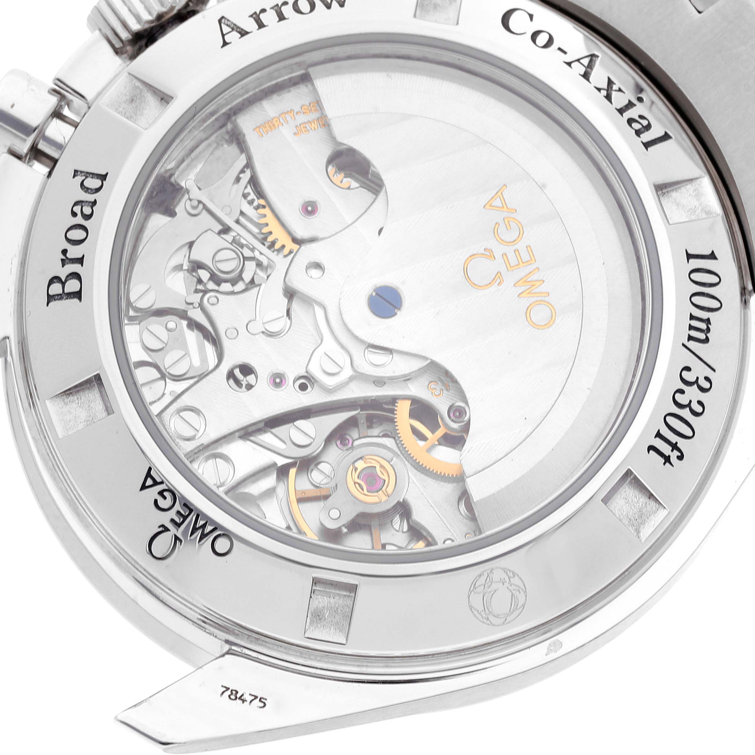 The image shows the back of an Omega Speedmaster 321.10.42.50.02.001 Men's Stainless Steel Silver Dial 321.10.42.50.02.001 Men's Stainless Steel Silver Dial watch, highlighting its Co-Axial movement and visible mechanical parts.