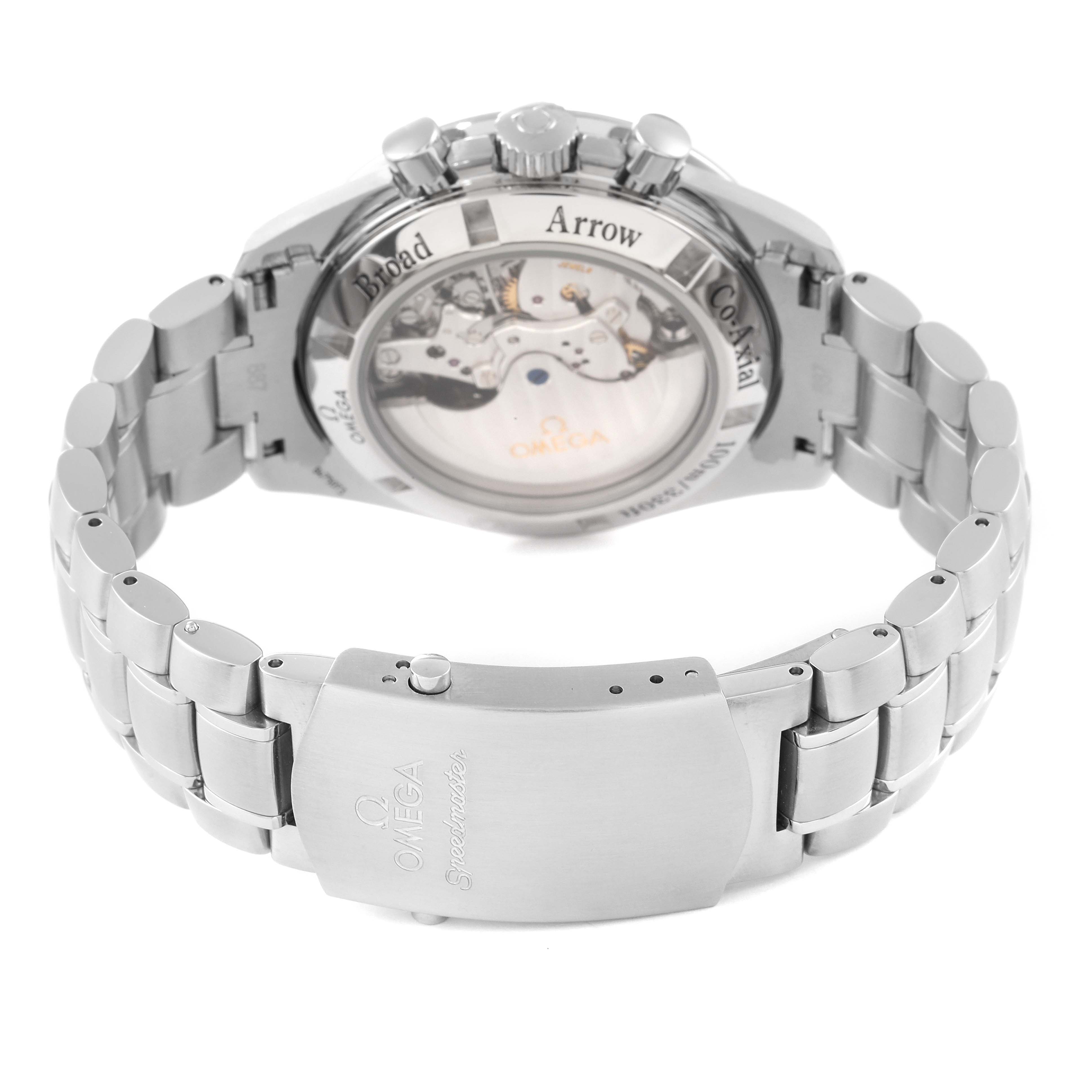 The image shows the back case and bracelet of the Omega Speedmaster 321.10.42.50.02.001 Men's Stainless Steel Silver Dial 321.10.42.50.02.001 Men's Stainless Steel Silver Dial watch, highlighting its transparent case back and clasp.