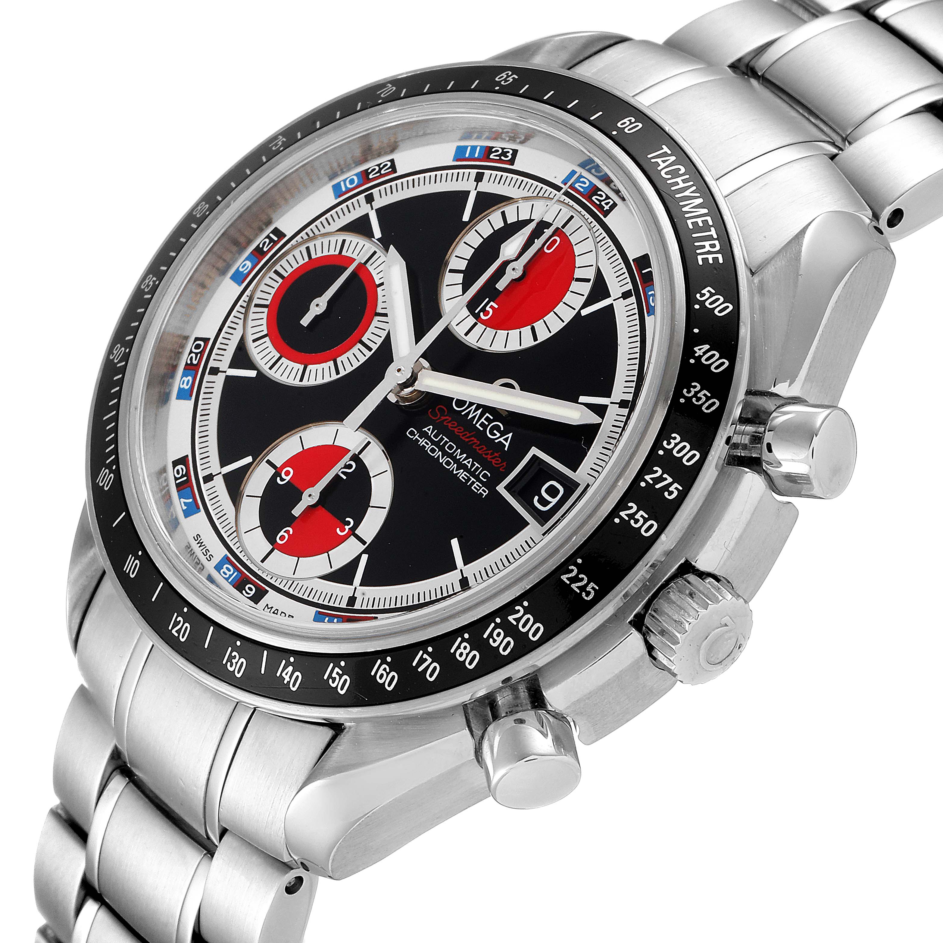 The Omega Speedmaster 3210.52.00 Men
s Stainless Steel Black Dial 3210.52.00 Men
s Stainless Steel Black Dial watch is shown at an oblique angle, highlighting the dial, tachymeter bezel, and stainless steel bracelet.