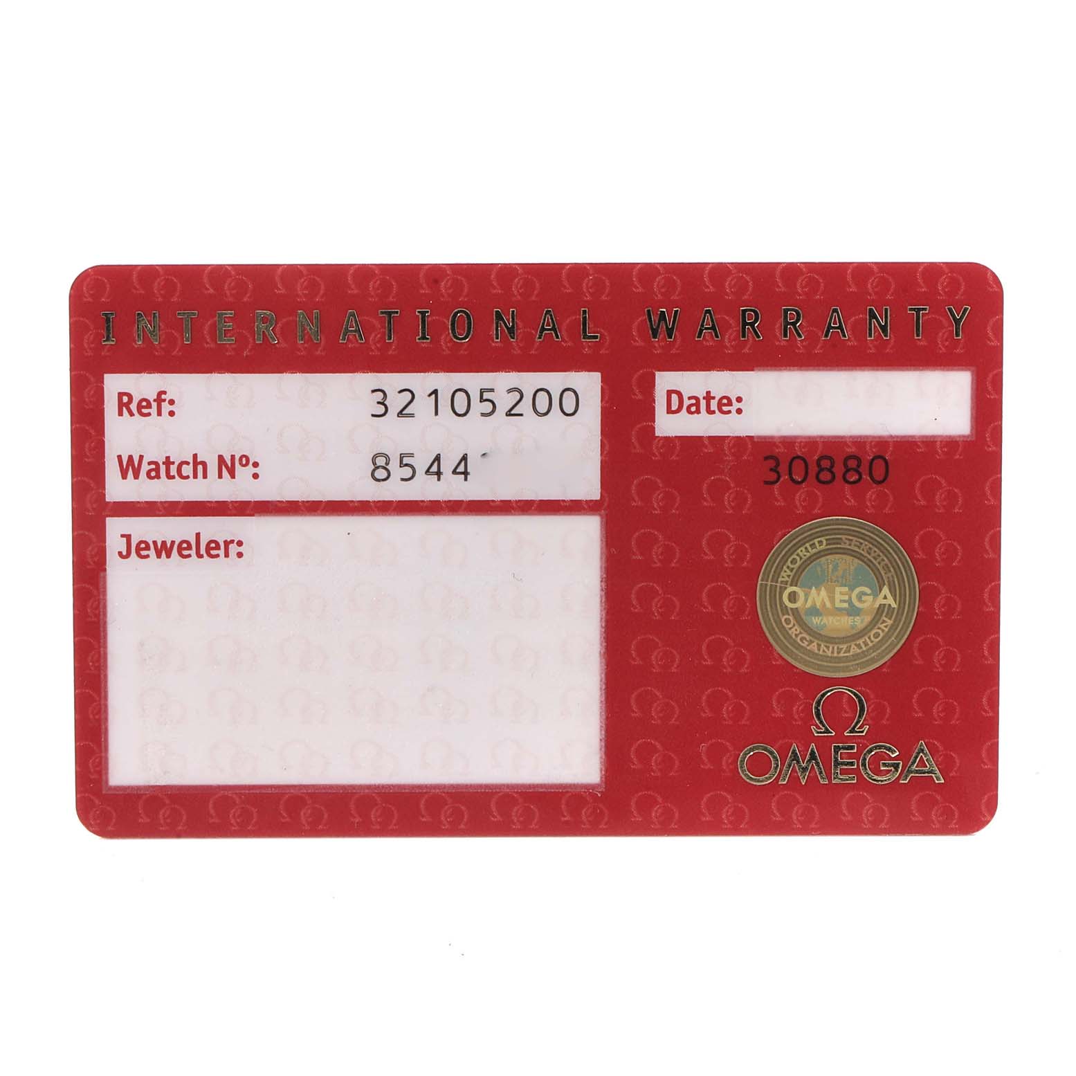 This image shows an international warranty card for an Omega Speedmaster 3210.52.00 Men
s Stainless Steel Black Dial 3210.52.00 Men
s Stainless Steel Black Dial watch, including reference and watch numbers.