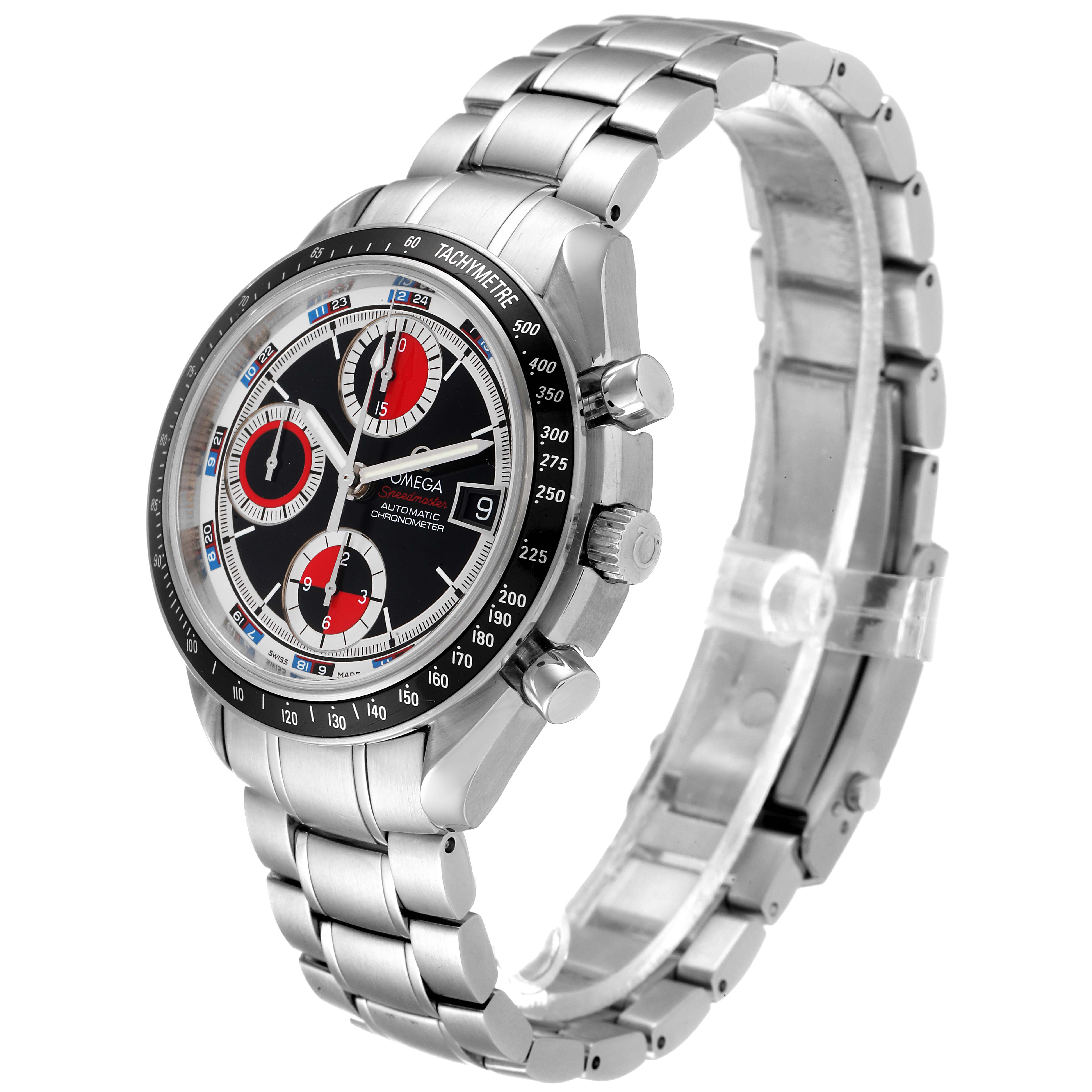 This Omega Speedmaster 3210.52.00 Men
s Stainless Steel Black Dial 3210.52.00 Men
s Stainless Steel Black Dial model is shown at a three-quarter angle highlighting its face, bezel, crown, pushers, and bracelet.