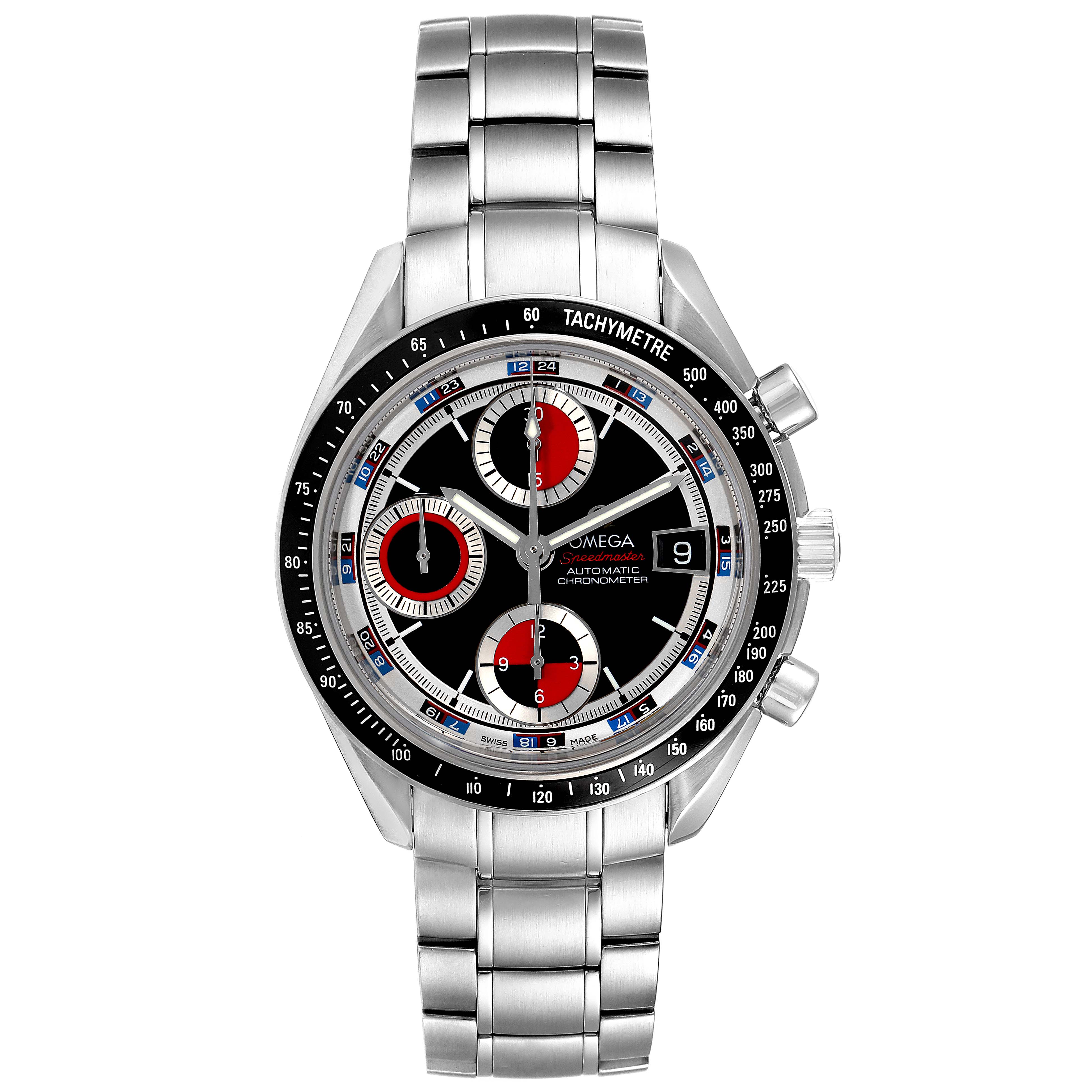 The image shows a front view of an Omega Speedmaster 3210.52.00 Men
s Stainless Steel Black Dial 3210.52.00 Men
s Stainless Steel Black Dial watch, highlighting its face, bezel, dial, chronograph features, and metal bracelet.