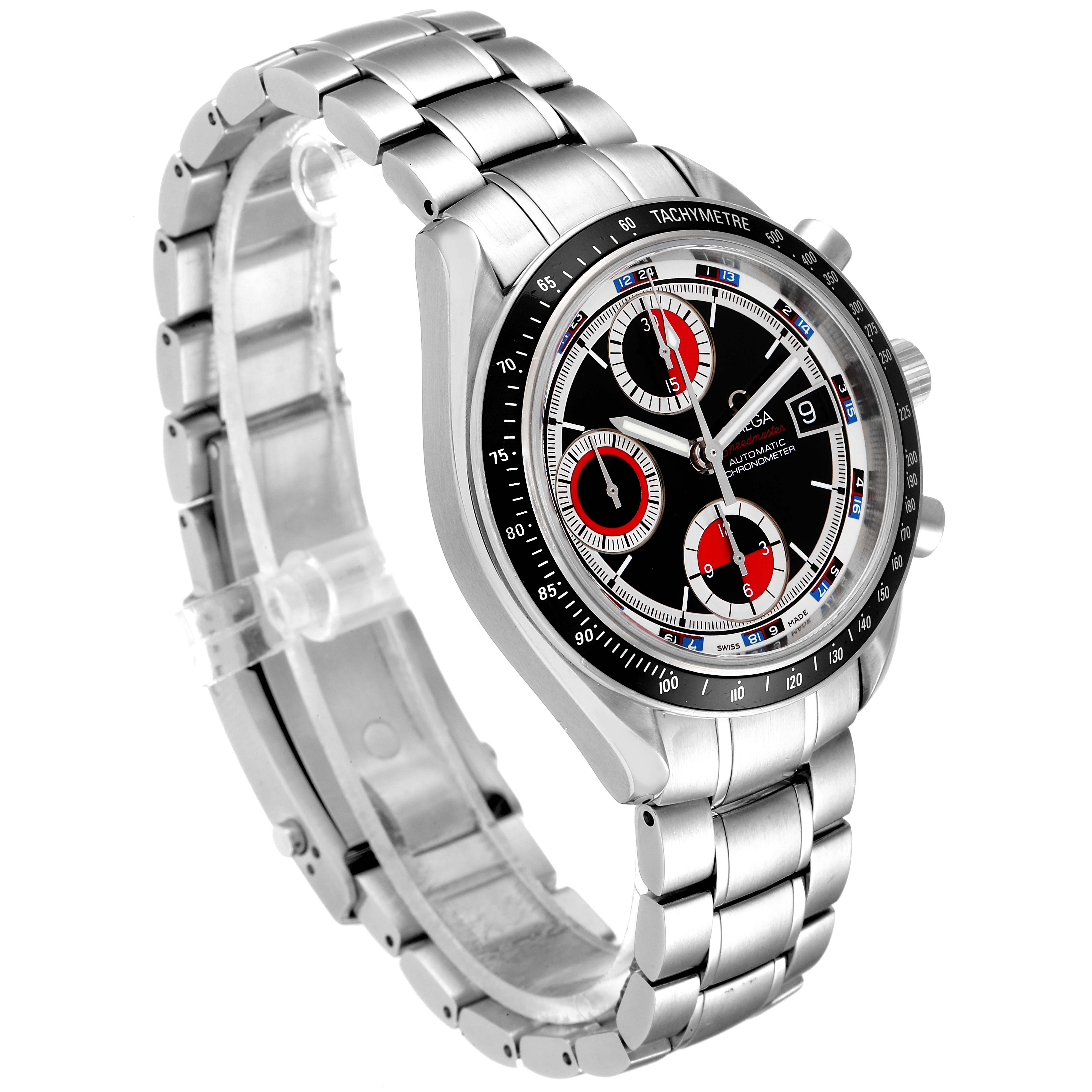 The Omega Speedmaster 3210.52.00 Men
s Stainless Steel Black Dial 3210.52.00 Men
s Stainless Steel Black Dial watch is shown at a three-quarter angle, highlighting its face, tachymeter bezel, chronograph sub-dials, and metal bracelet.