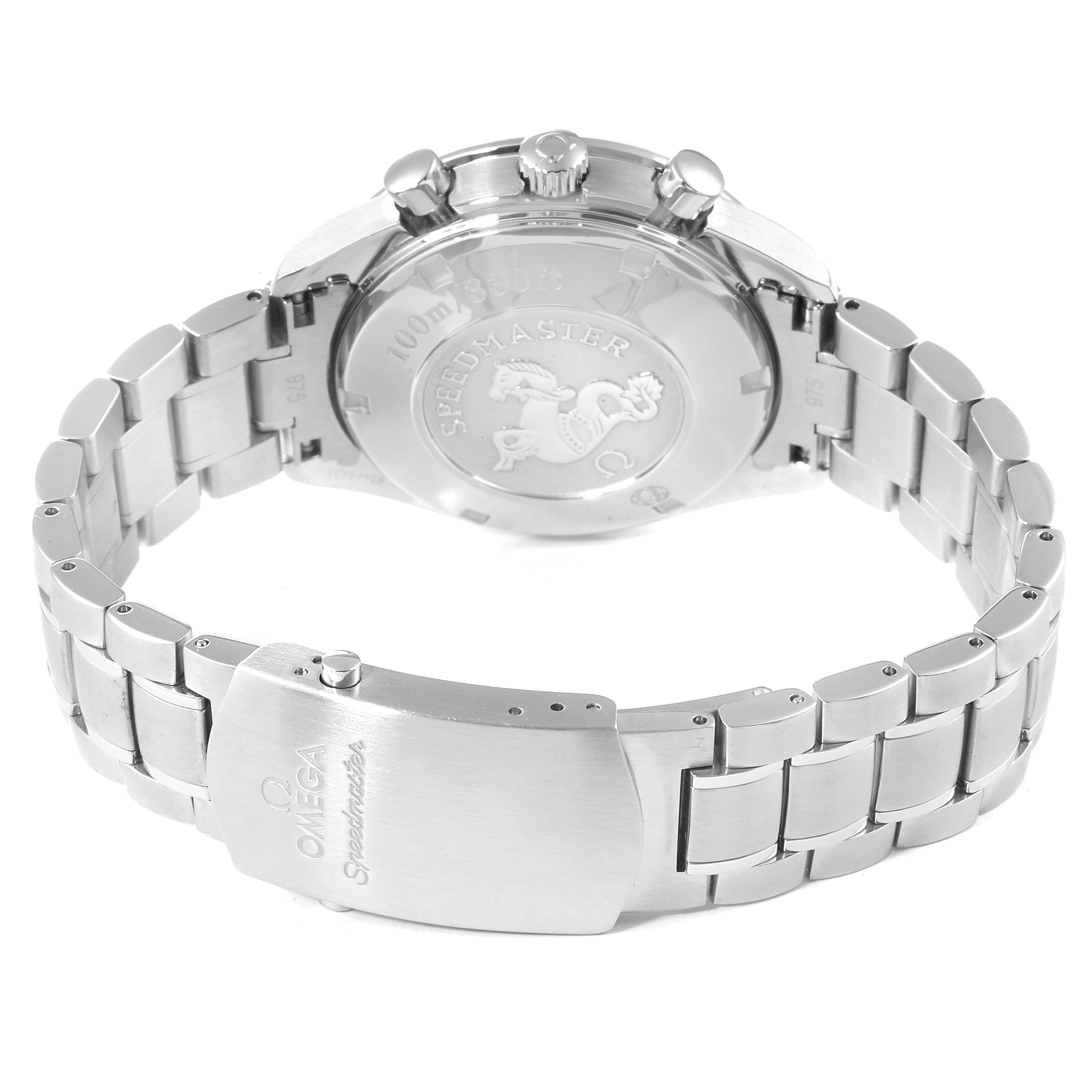 The image shows the back of an Omega Speedmaster 3210.52.00 Men
s Stainless Steel Black Dial 3210.52.00 Men
s Stainless Steel Black Dial, highlighting the case back and metal bracelet with the clasp.