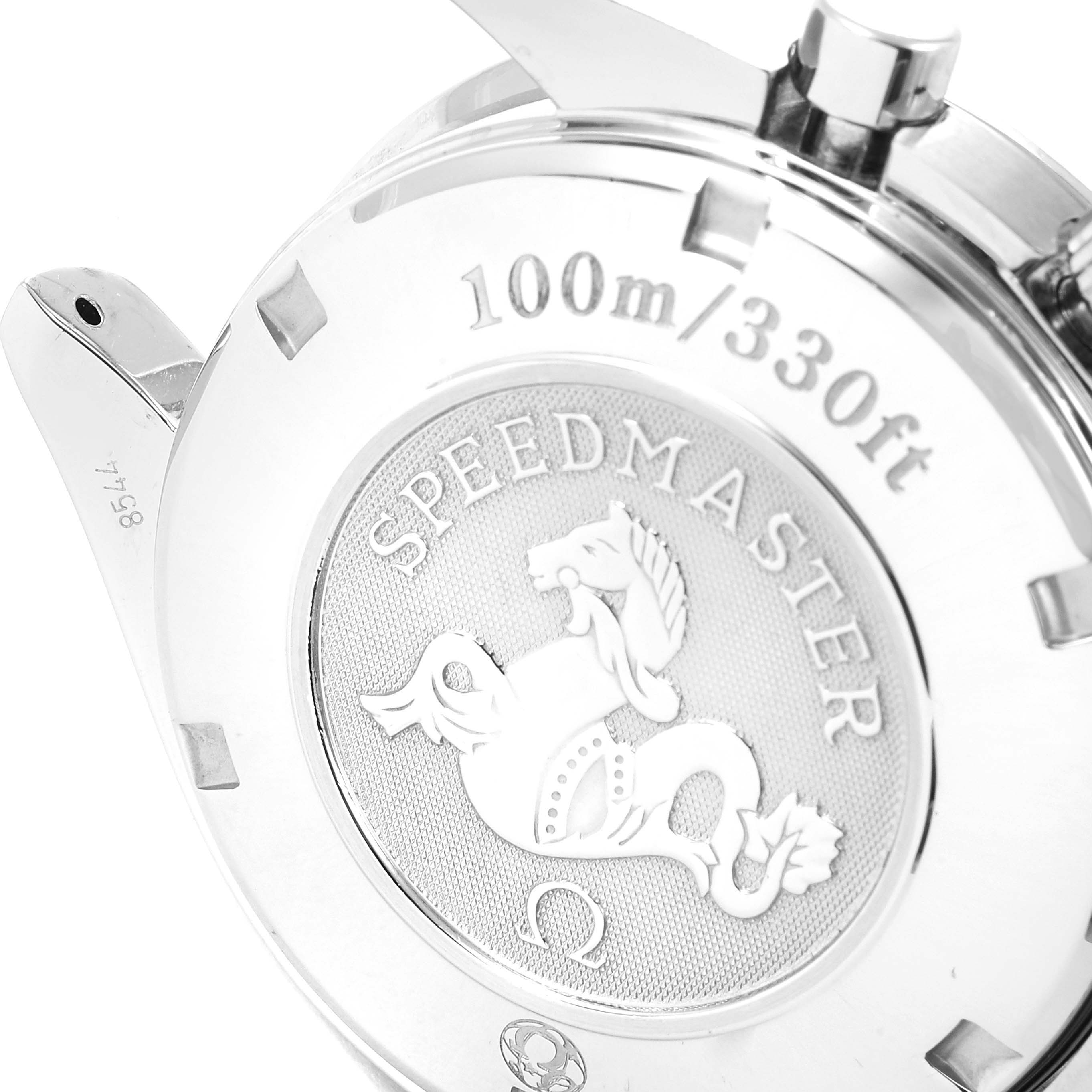 The image shows the back case of an Omega Speedmaster 3210.52.00 Men
s Stainless Steel Black Dial 3210.52.00 Men
s Stainless Steel Black Dial watch, featuring the brand emblem and water resistance details.