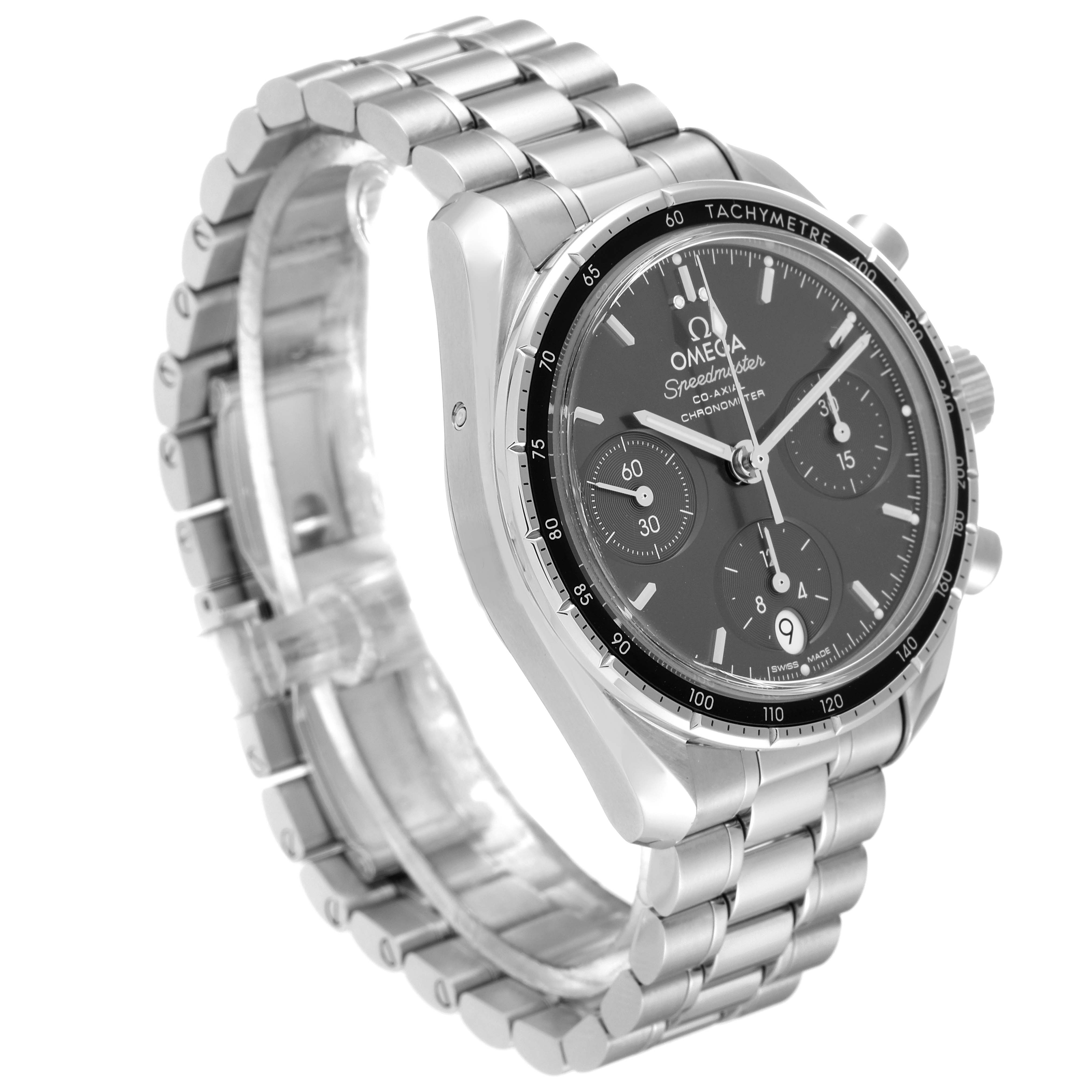The Omega Speedmaster 324.30.38.50.06.001 Men's Stainless Steel Grey Dial 324.30.38.50.06.001 Men's Stainless Steel Grey Dial watch is shown at an angled side view, displaying its face, bezel, and metal bracelet.