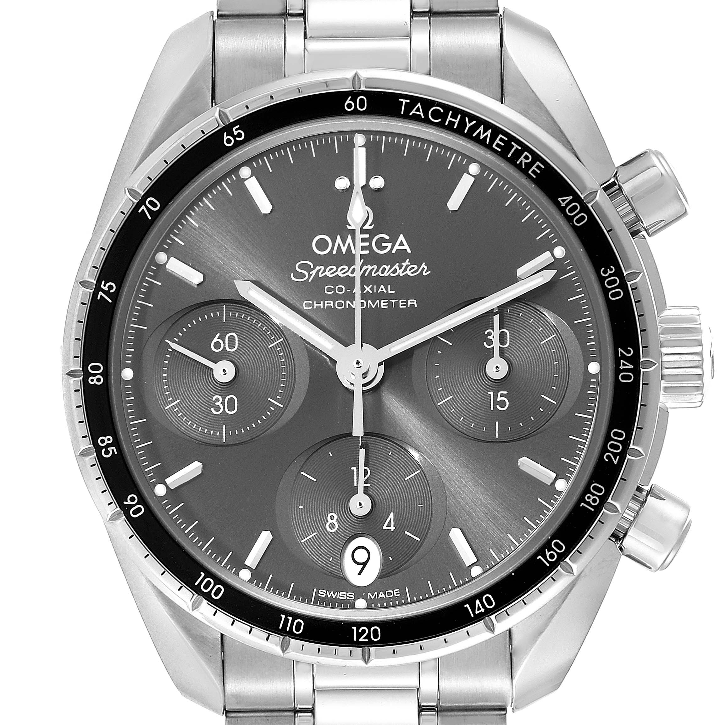 The Omega Speedmaster 324.30.38.50.06.001 Men's Stainless Steel Grey Dial 324.30.38.50.06.001 Men's Stainless Steel Grey Dial watch is shown from a top-down angle, highlighting the dial, bezel, and bracelet.