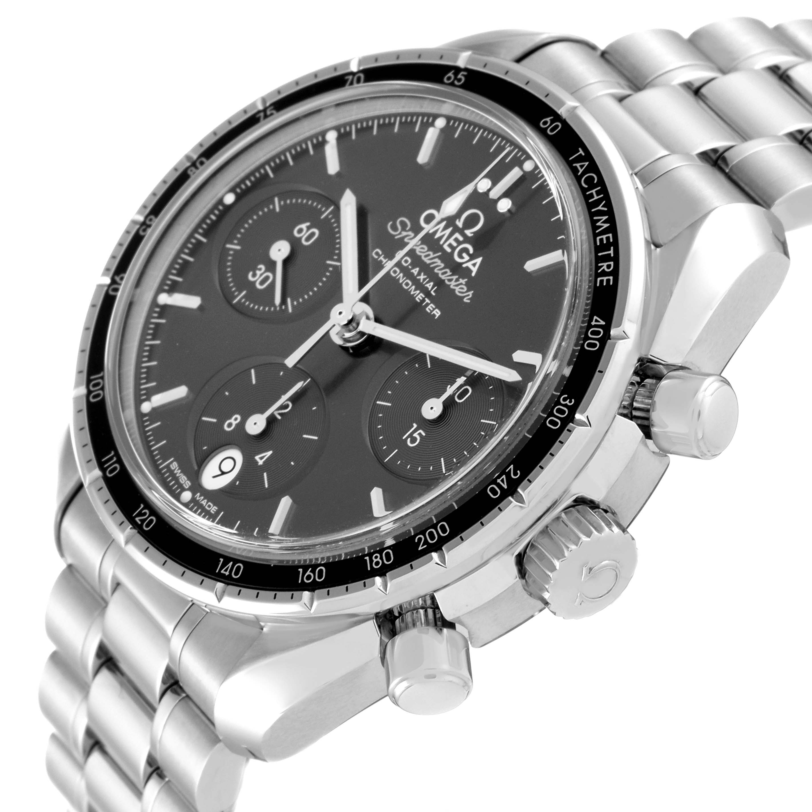 The Omega Speedmaster 324.30.38.50.06.001 Men's Stainless Steel Grey Dial 324.30.38.50.06.001 Men's Stainless Steel Grey Dial watch is shown at a slight side angle, highlighting the bezel, chronograph dials, and stainless steel bracelet.