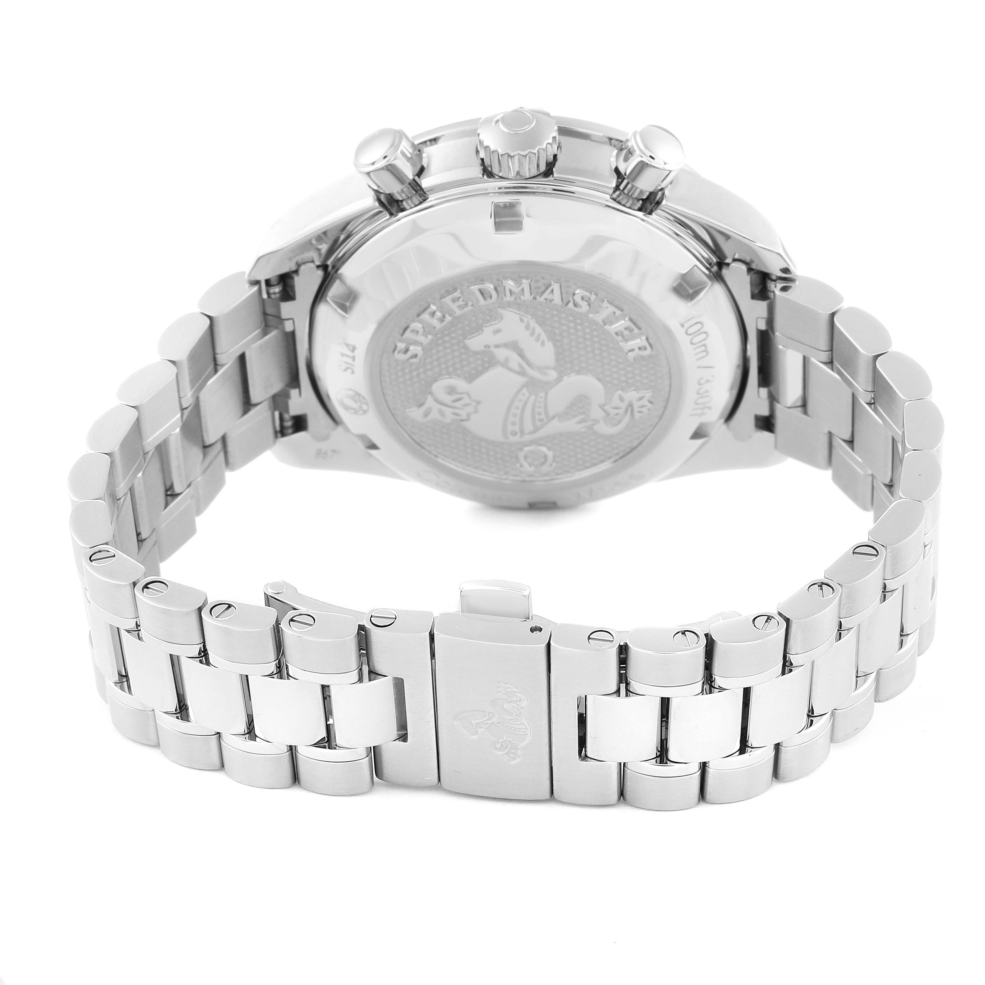 The image shows the back and side of the Omega Speedmaster 324.30.38.50.06.001 Men's Stainless Steel Grey Dial 324.30.38.50.06.001 Men's Stainless Steel Grey Dial watch, highlighting the bracelet and engraved case back.