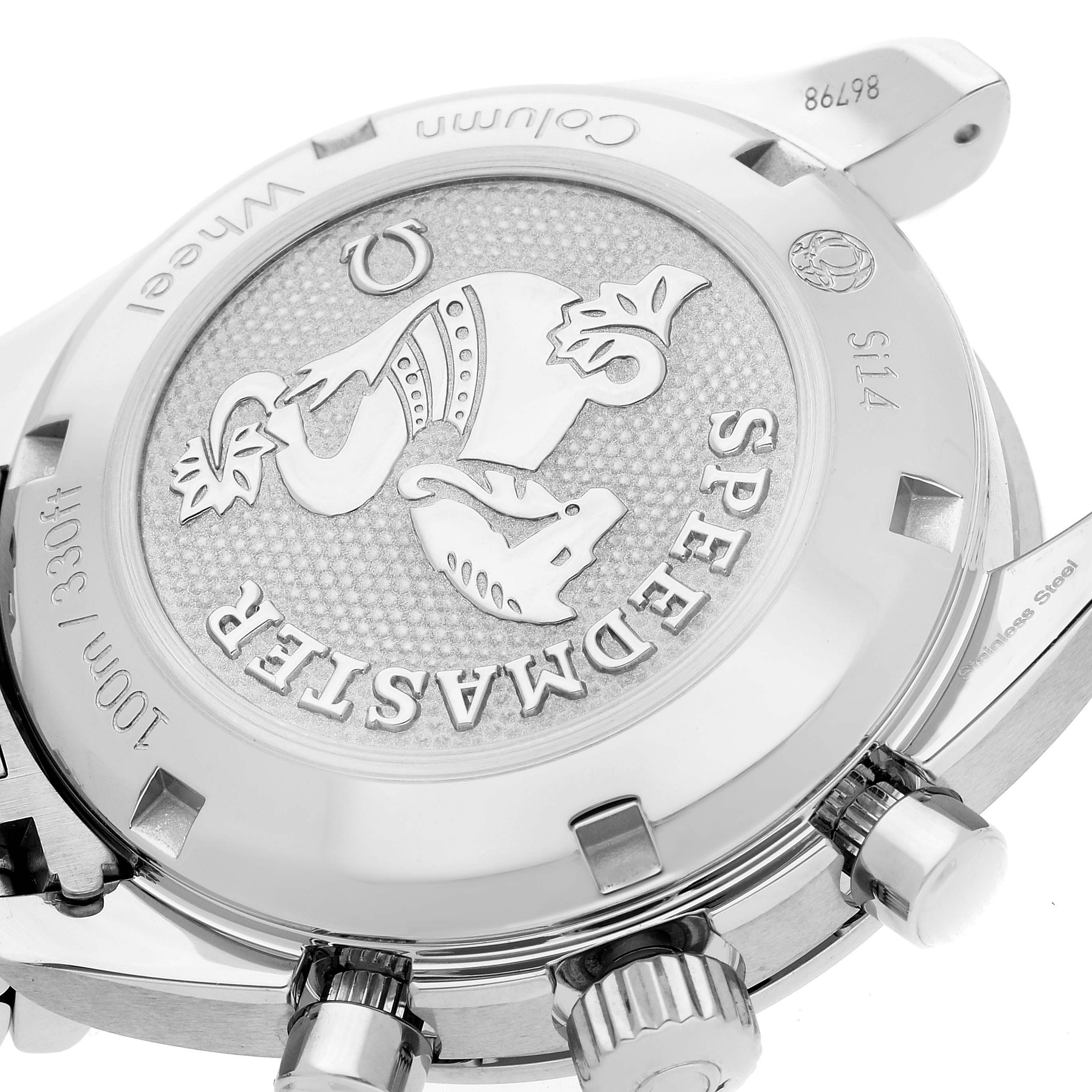 The image shows the back case and crown of an Omega Speedmaster 324.30.38.50.06.001 Men's Stainless Steel Grey Dial 324.30.38.50.06.001 Men's Stainless Steel Grey Dial watch, highlighting its branding and detail.