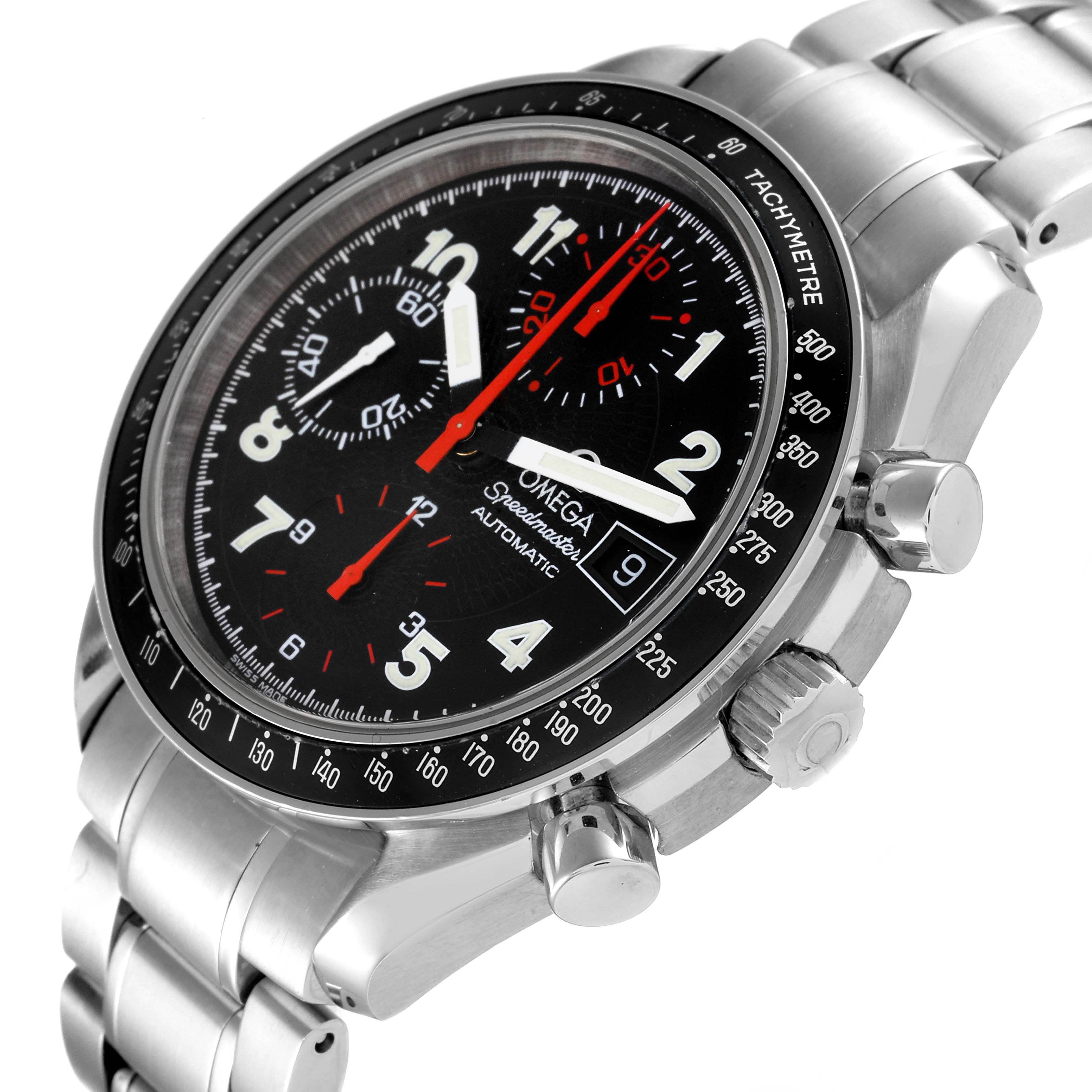 The Omega Speedmaster 3513.53.00 Men's Stainless Steel Black Dial 3513.53.00 Men's Stainless Steel Black Dial watch is shown at a slight side angle, highlighting the dial, tachymeter bezel, and stainless steel bracelet.