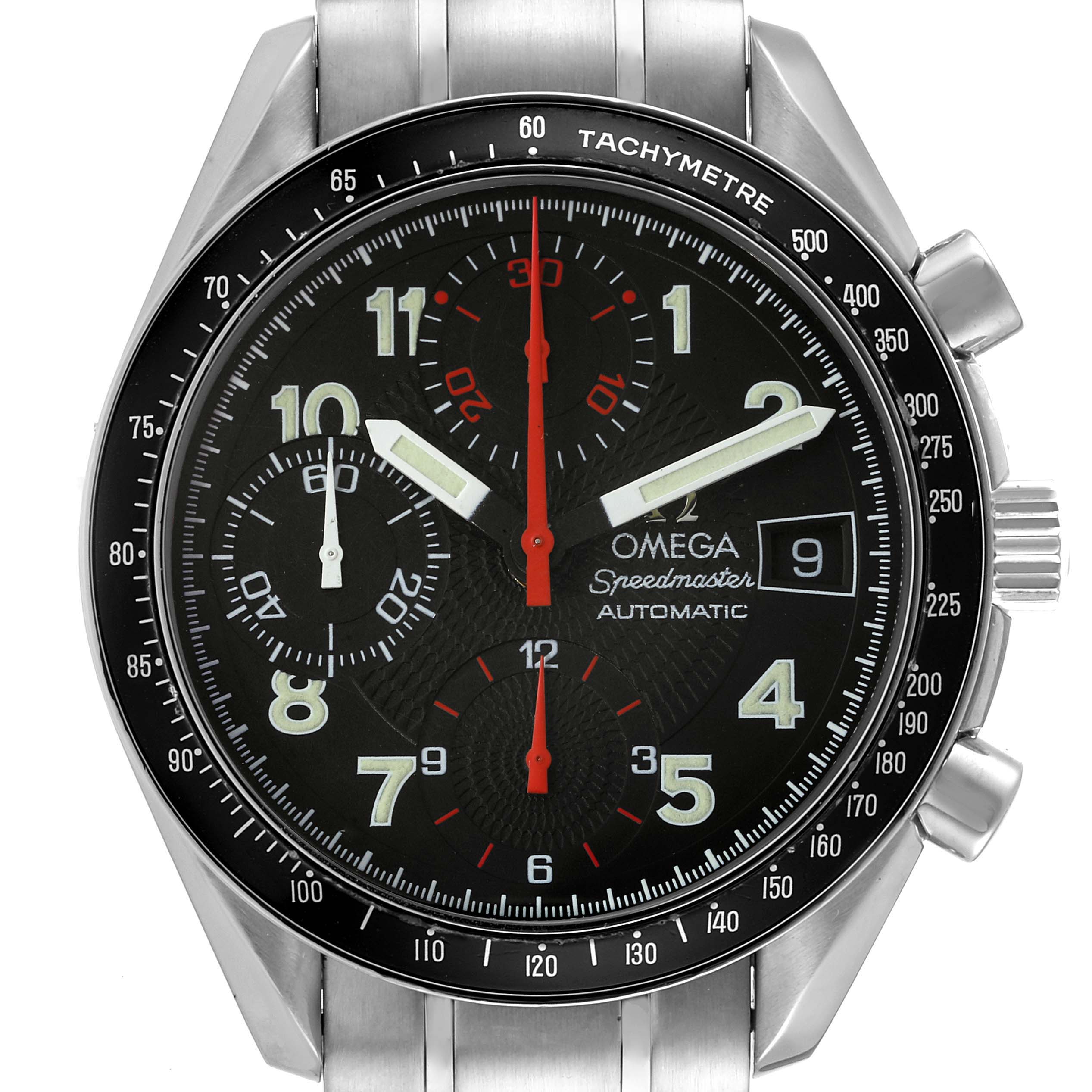 The Omega Speedmaster 3513.53.00 Men's Stainless Steel Black Dial 3513.53.00 Men's Stainless Steel Black Dial watch is shown from the front, displaying the dial with hands, subdials, tachymeter, and part of the bracelet.