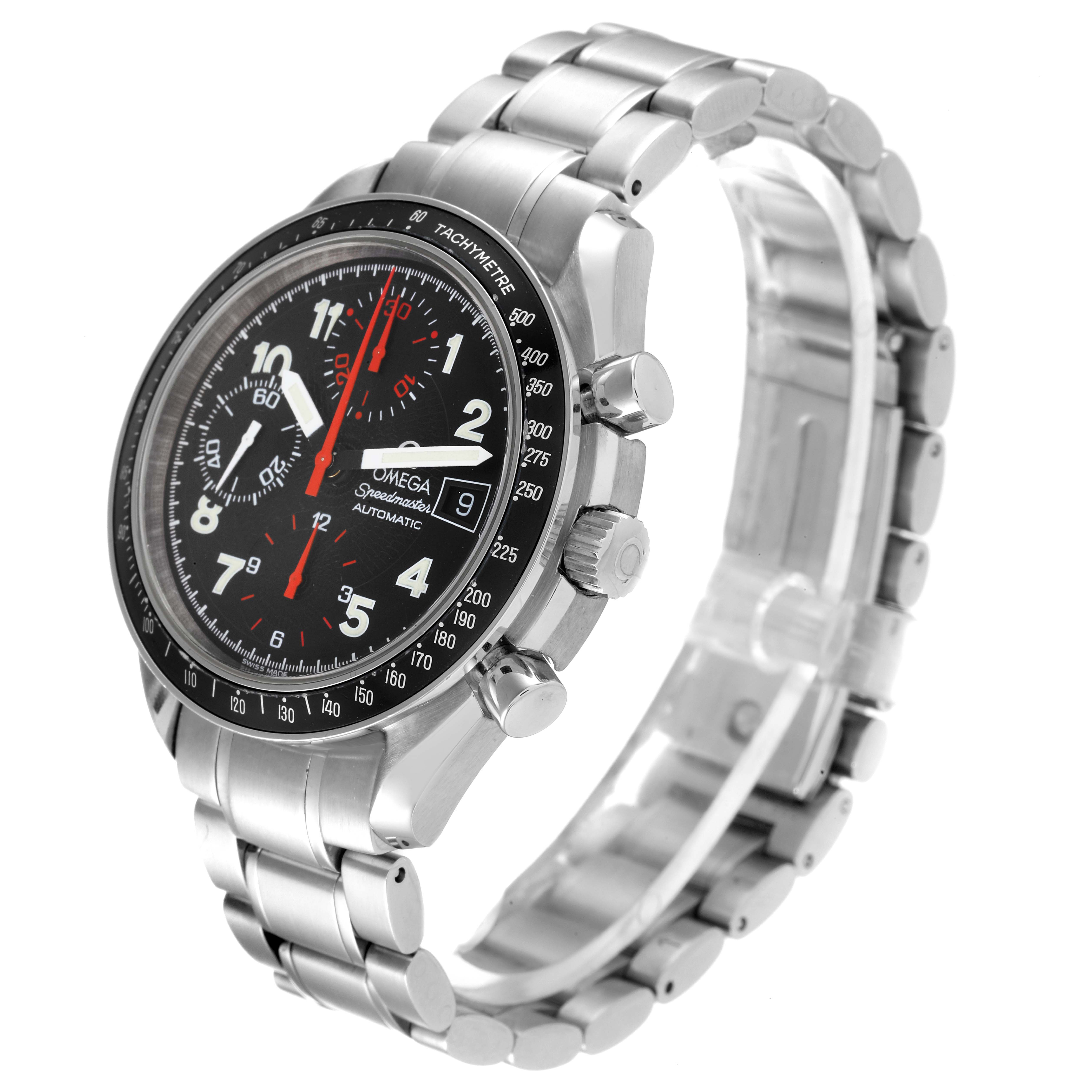 The image shows an angled side view of the Omega Speedmaster 3513.53.00 Men's Stainless Steel Black Dial 3513.53.00 Men's Stainless Steel Black Dial watch, displaying the dial, bracelet, and crown.