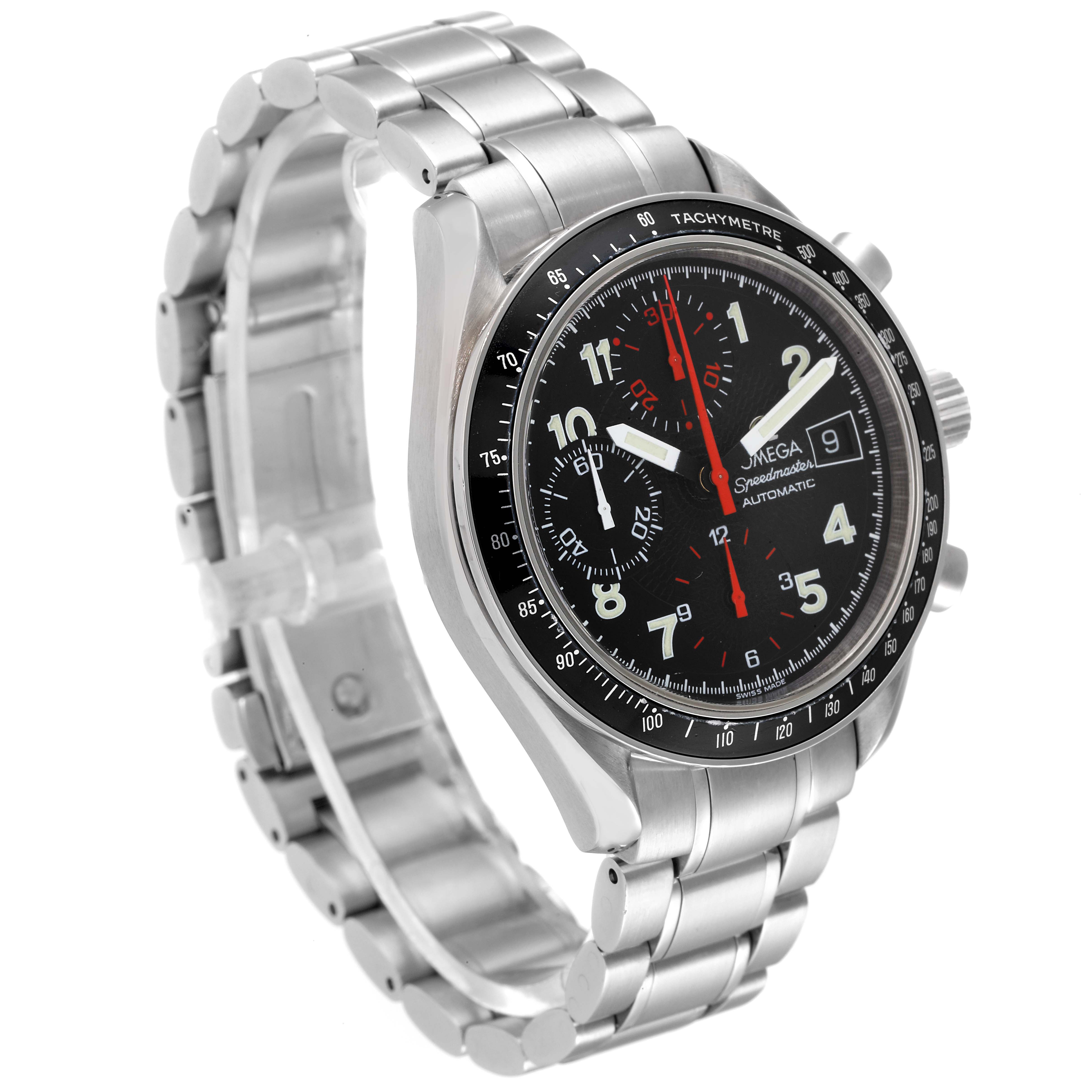 The Omega Speedmaster 3513.53.00 Men's Stainless Steel Black Dial 3513.53.00 Men's Stainless Steel Black Dial watch is shown angled from the front-left, displaying its black dial, tachymeter bezel, and stainless-steel bracelet.