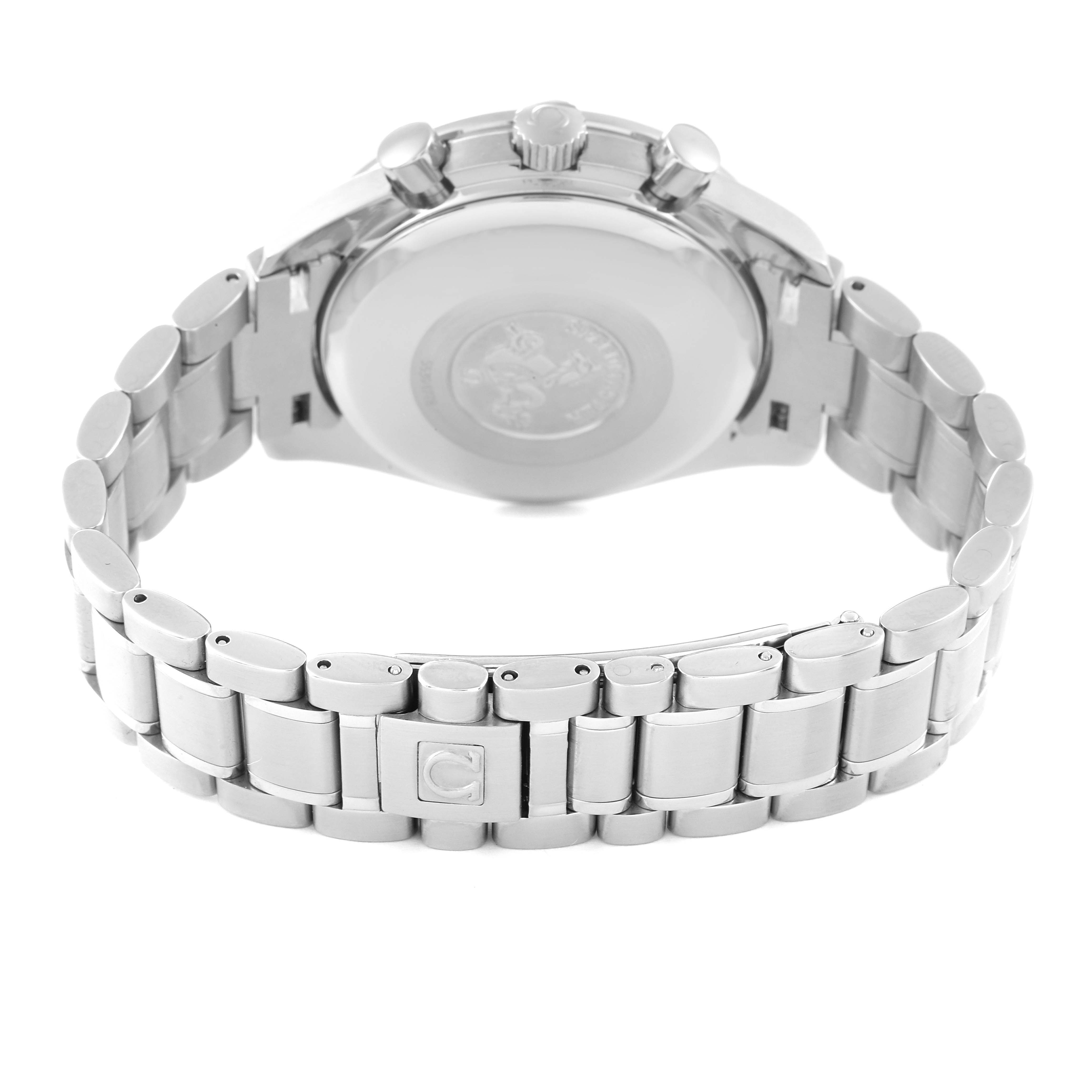 This image shows the back case, crown, pushers, and metal bracelet of an Omega Speedmaster 3513.53.00 Men's Stainless Steel Black Dial 3513.53.00 Men's Stainless Steel Black Dial watch from a rear angle.