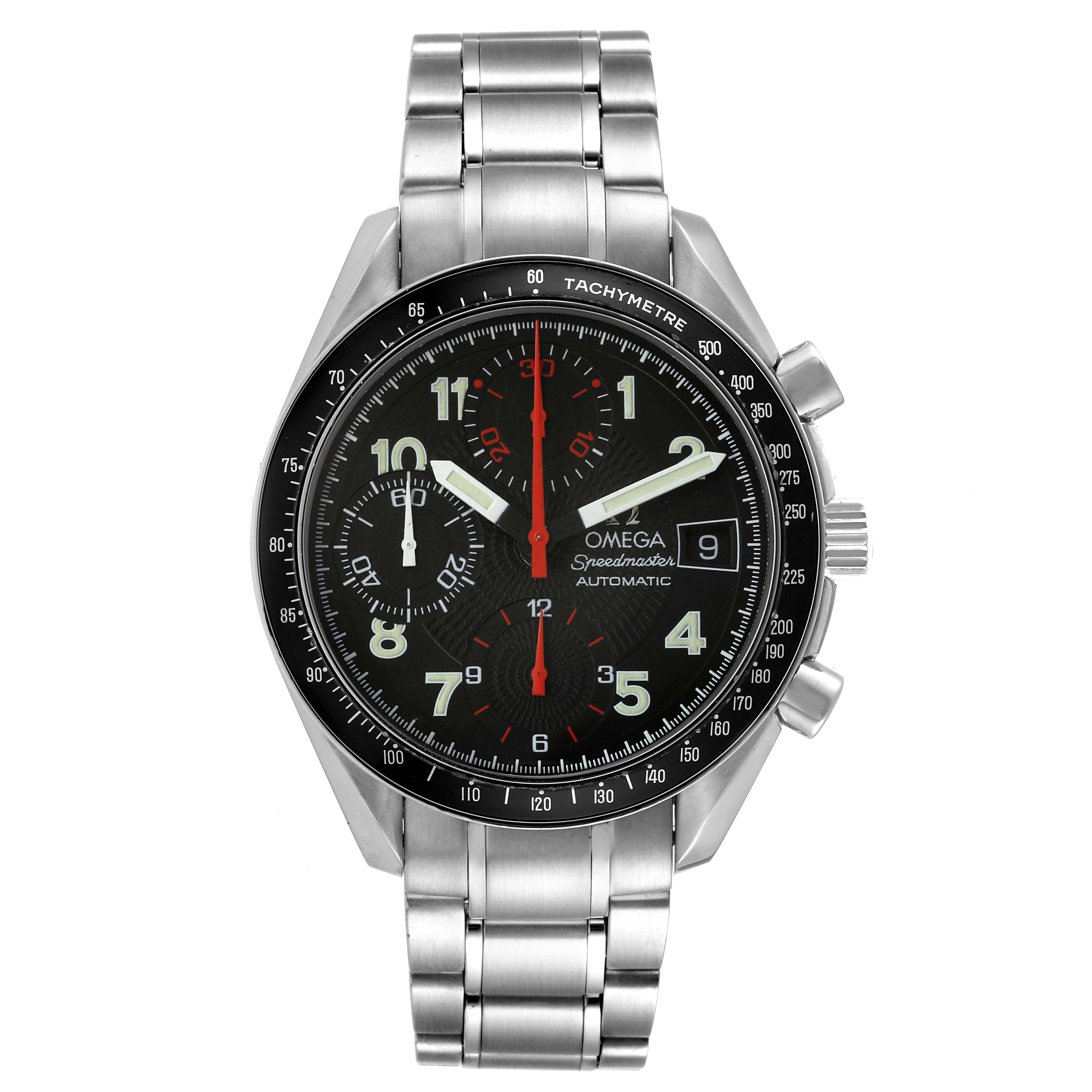 This image shows a front view of an Omega Speedmaster 3513.53.00 Men's Stainless Steel Black Dial 3513.53.00 Men's Stainless Steel Black Dial watch, highlighting its dial, bezel, pushers, and metal bracelet.
