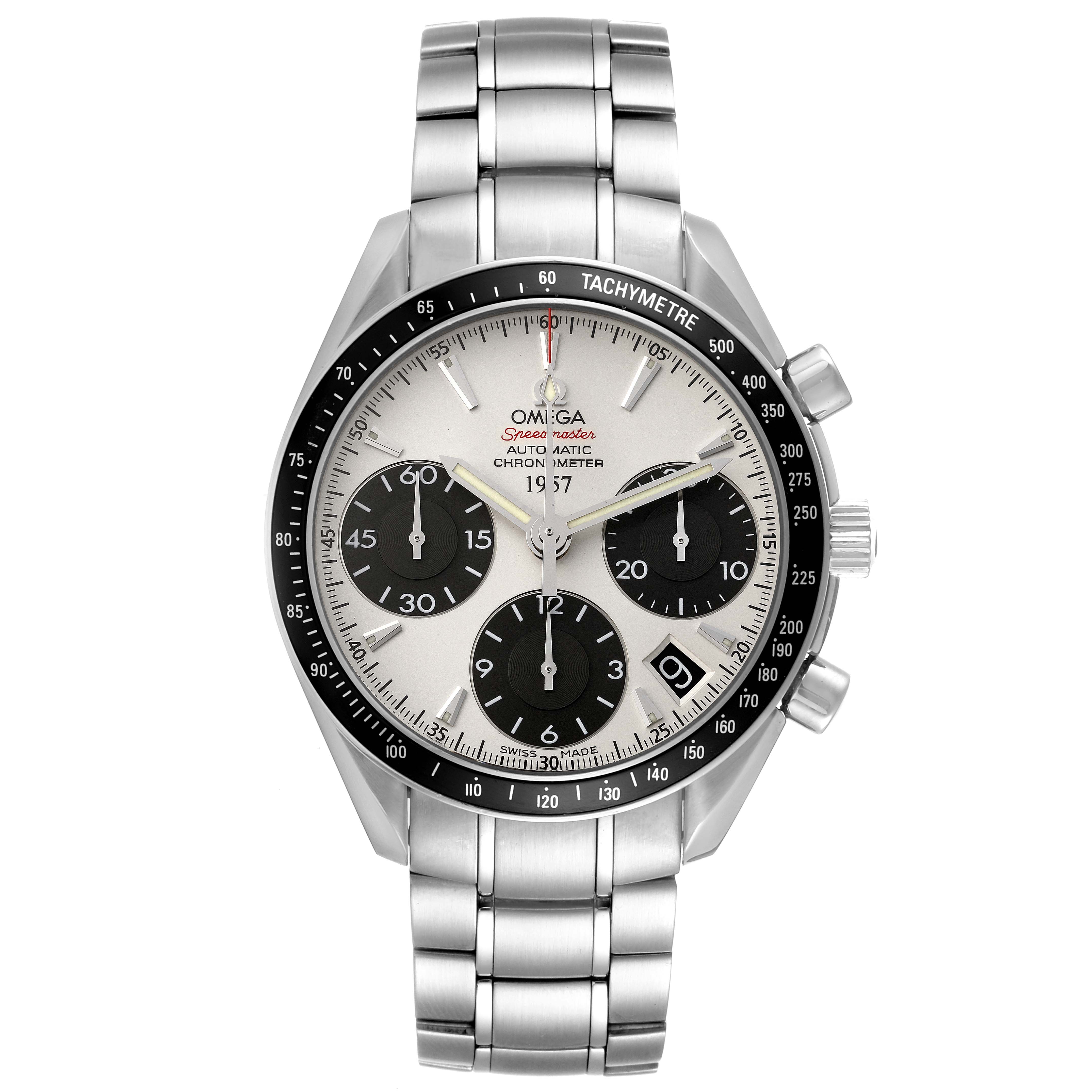The image shows a front angle of an Omega Speedmaster 323.30.40.40.02.001 Men's Stainless Steel White Dial 323.30.40.40.02.001 Men's Stainless Steel White Dial watch, displaying its face, bezel, pushers, and stainless steel bracelet.