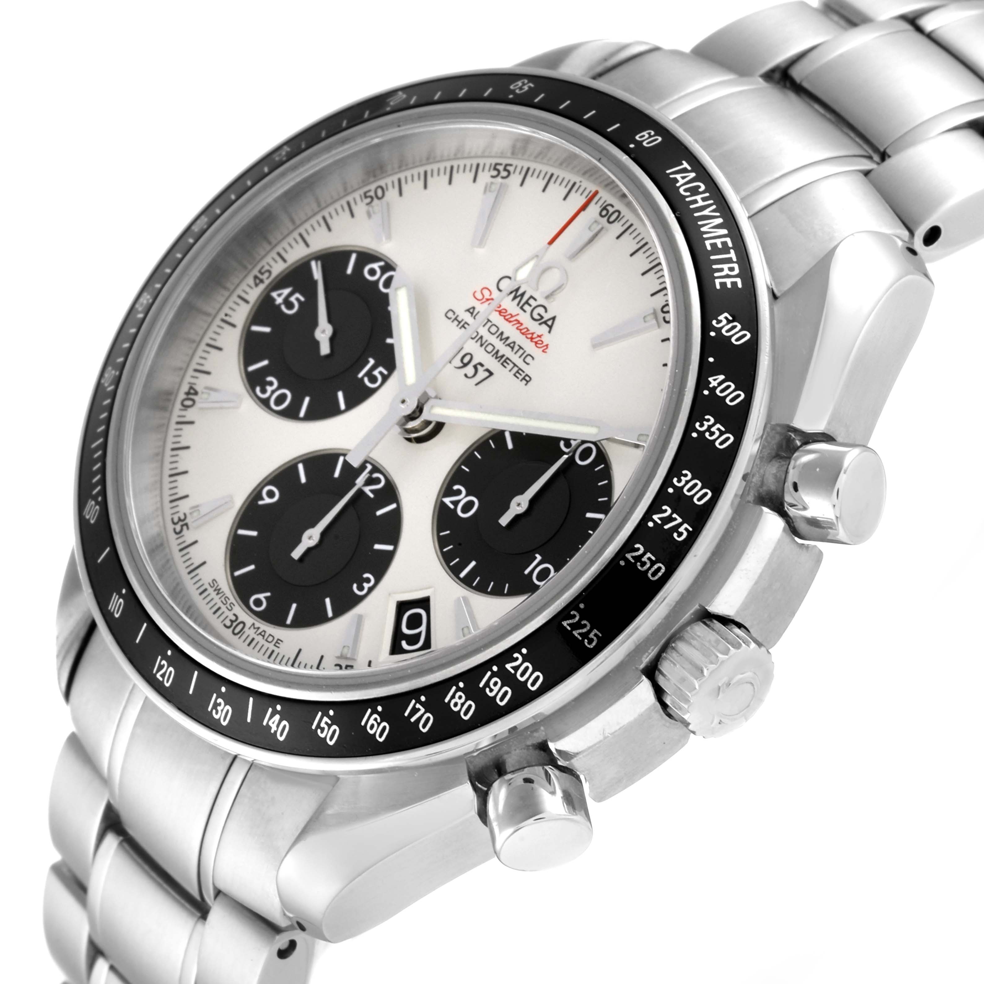 The image shows an angled view of the Omega Speedmaster 323.30.40.40.02.001 Men's Stainless Steel White Dial 323.30.40.40.02.001 Men's Stainless Steel White Dial watch, highlighting the dial, bezel, crown, and pushers.