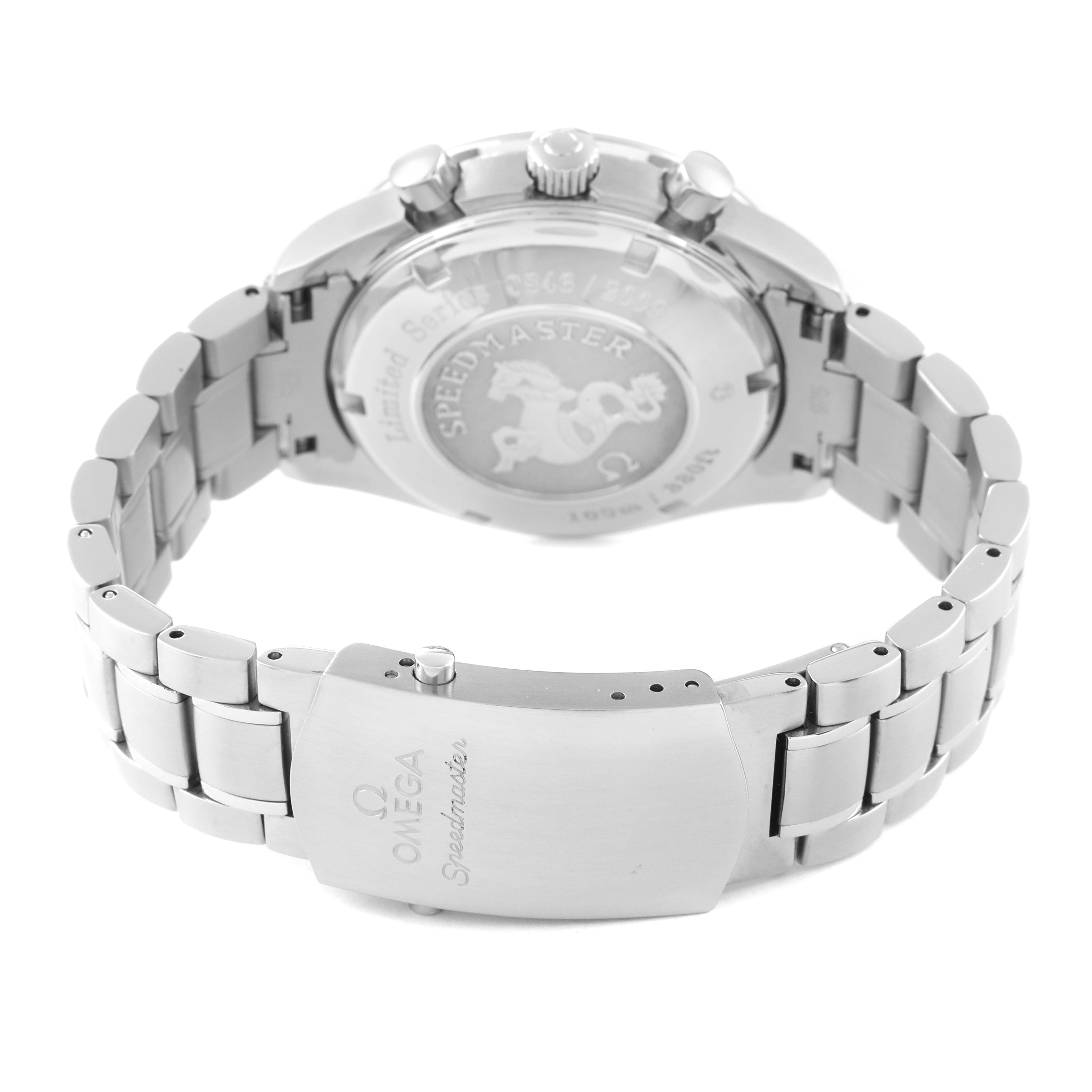 The image shows the back casing, bracelet, and clasp of the Omega Speedmaster 323.30.40.40.02.001 Men's Stainless Steel White Dial 323.30.40.40.02.001 Men's Stainless Steel White Dial watch.