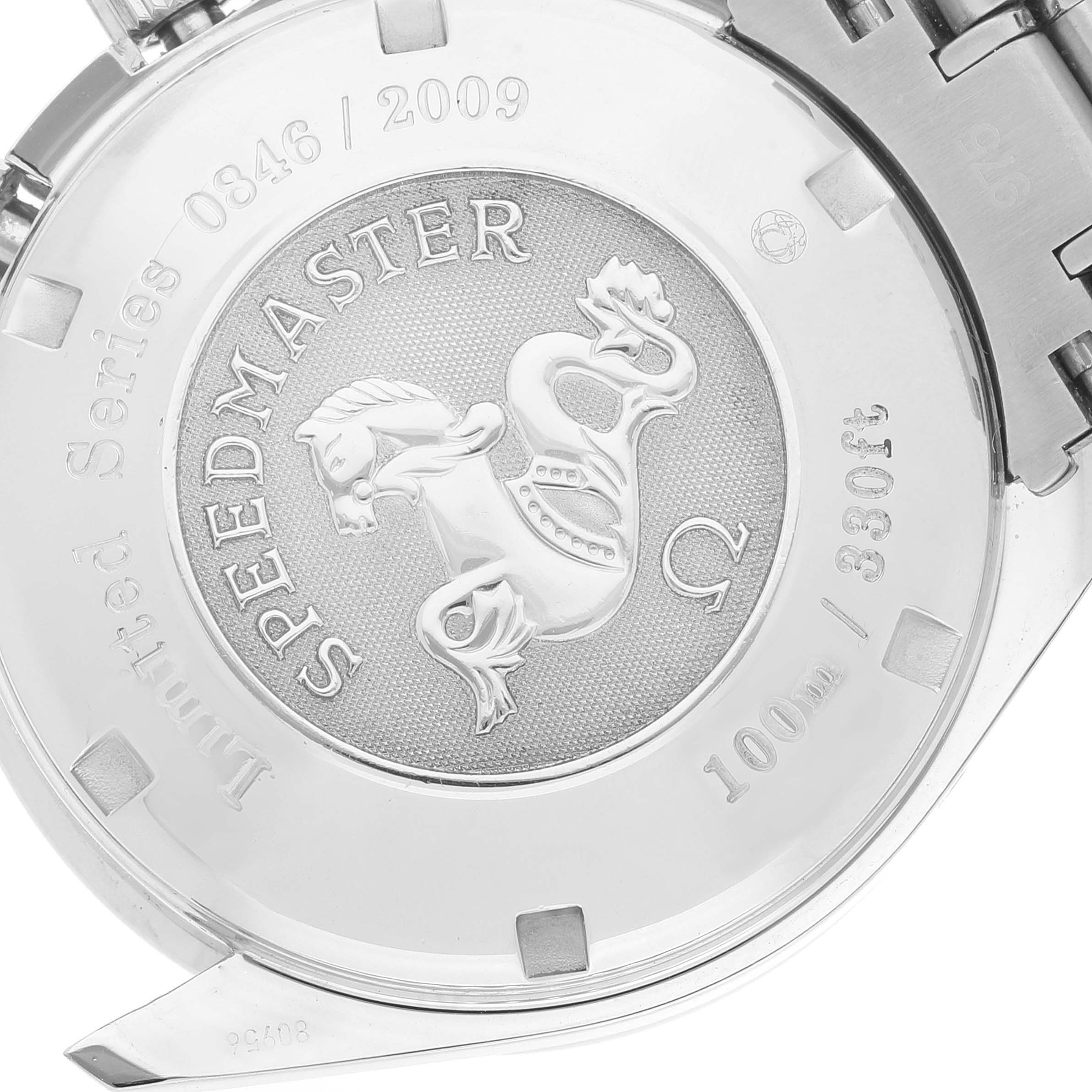 This is the back of an Omega Speedmaster 323.30.40.40.02.001 Men's Stainless Steel White Dial 323.30.40.40.02.001 Men's Stainless Steel White Dial watch, showcasing the engraved logo, limited series number, and water resistance.