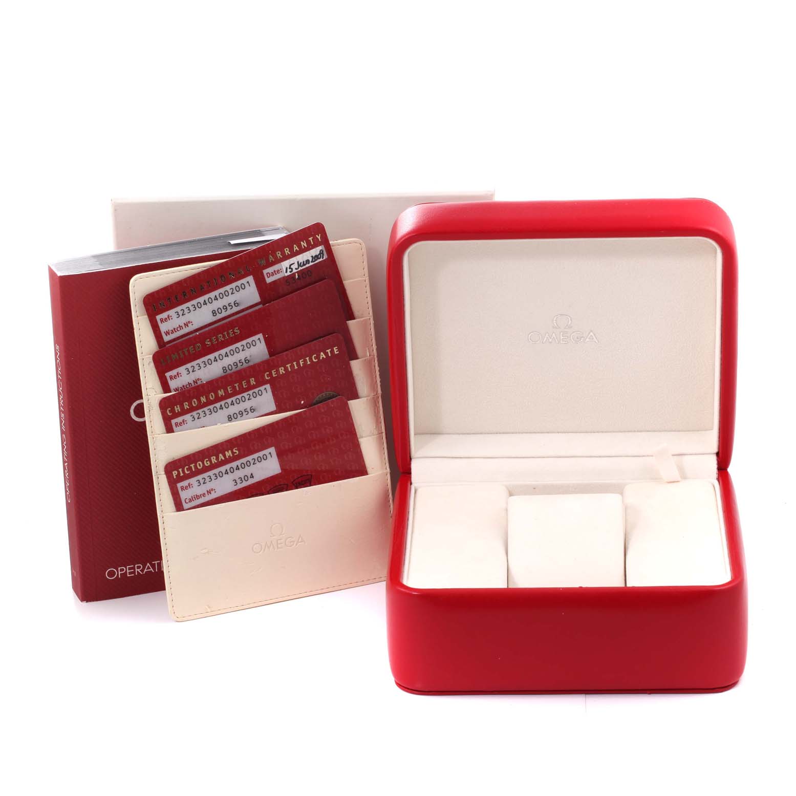 The image shows the packaging, warranty cards, and an open box for an Omega Speedmaster 323.30.40.40.02.001 Men's Stainless Steel White Dial 323.30.40.40.02.001 Men's Stainless Steel White Dial watch.