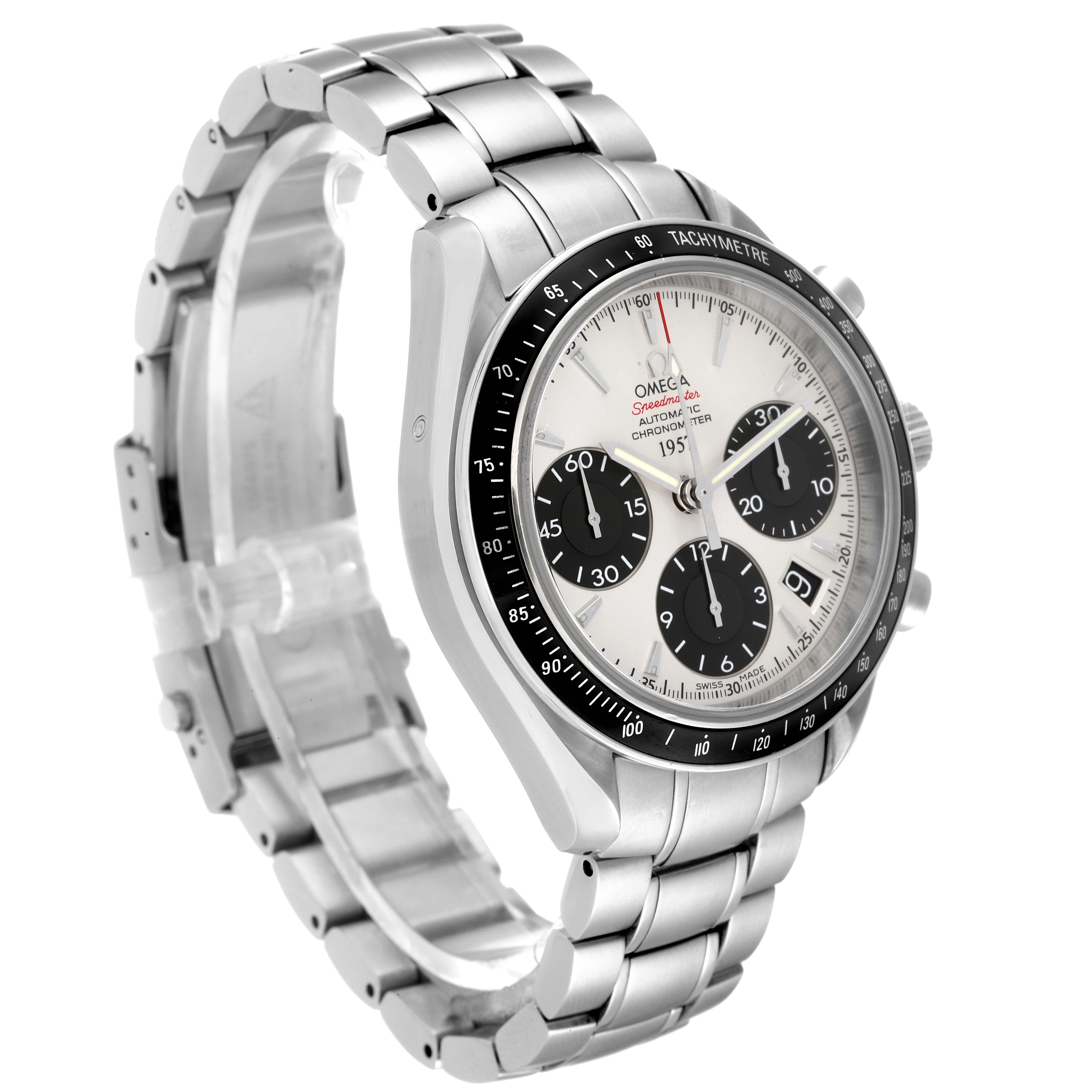 The Omega Speedmaster 323.30.40.40.02.001 Men's Stainless Steel White Dial 323.30.40.40.02.001 Men's Stainless Steel White Dial watch is shown at an angled side view, displaying the dial, bezel, and metal bracelet.