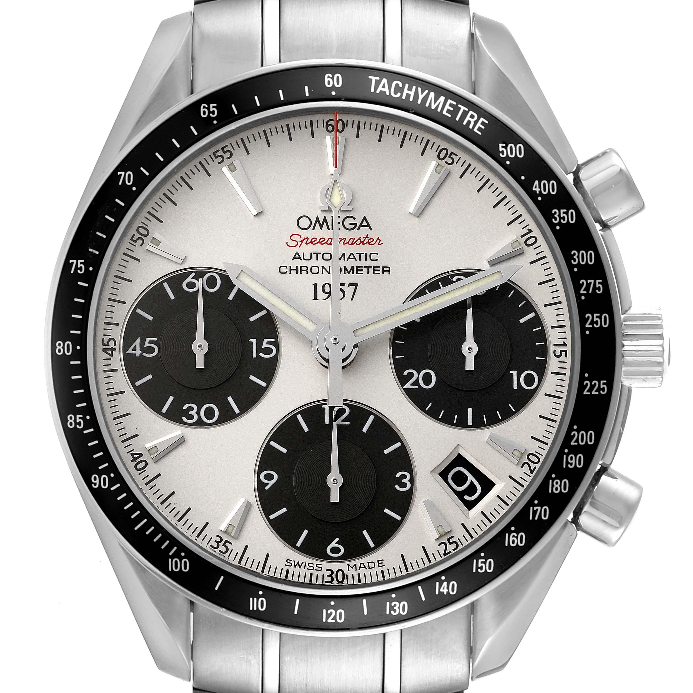This image shows a frontal view of the Omega Speedmaster 323.30.40.40.02.001 Men's Stainless Steel White Dial 323.30.40.40.02.001 Men's Stainless Steel White Dial watch, highlighting its dial, bezel, chronograph sub-dials, and bracelet.