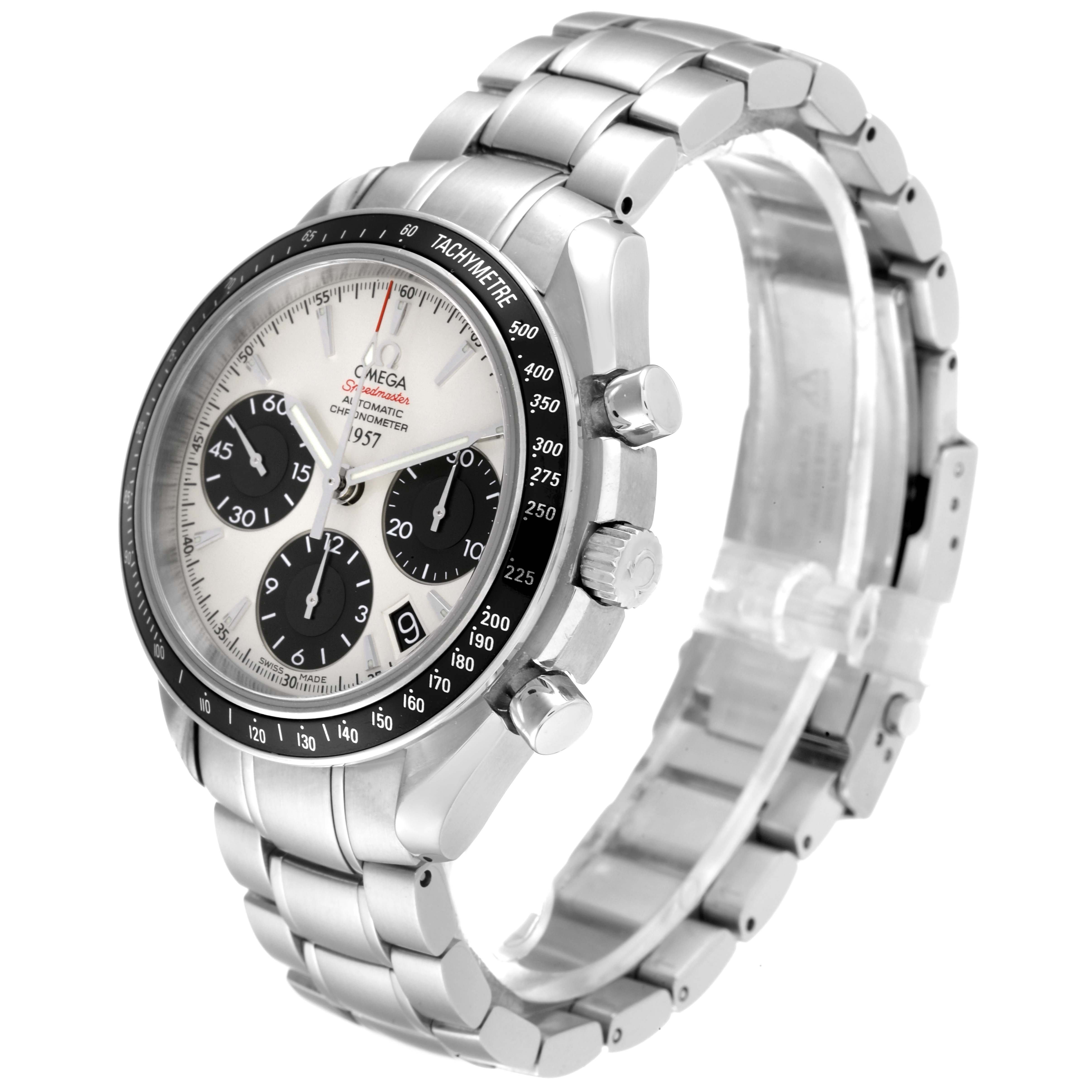 The Omega Speedmaster 323.30.40.40.02.001 Men's Stainless Steel White Dial 323.30.40.40.02.001 Men's Stainless Steel White Dial watch is shown at an angle displaying the face, bezel, crown, pushers, and stainless steel bracelet.