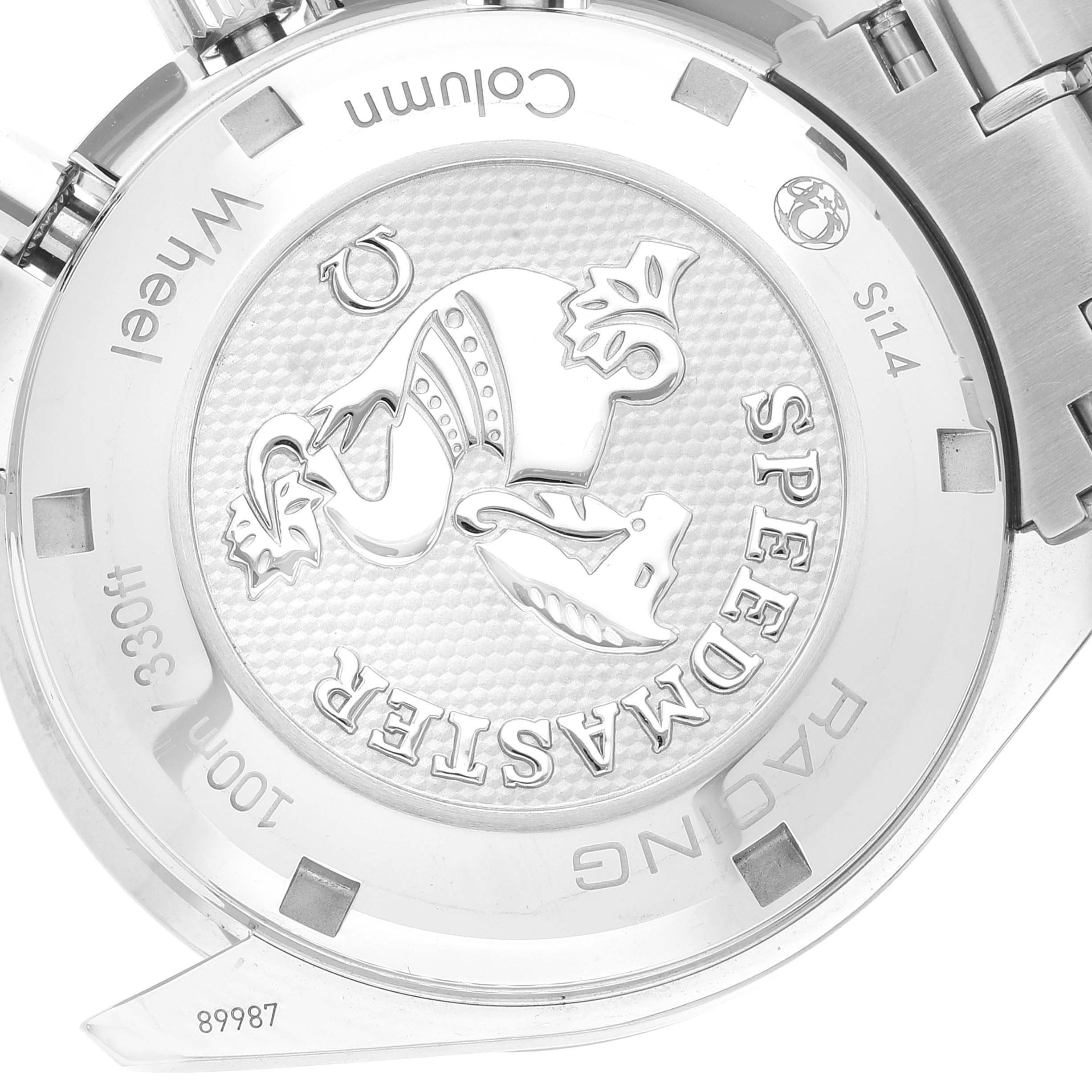 This image shows the intricately engraved case back of an Omega Speedmaster 326.30.40.50.02.001 Men's Stainless Steel Silver Dial 326.30.40.50.02.001 Men's Stainless Steel Silver Dial watch, highlighting its branding and decorative elements.