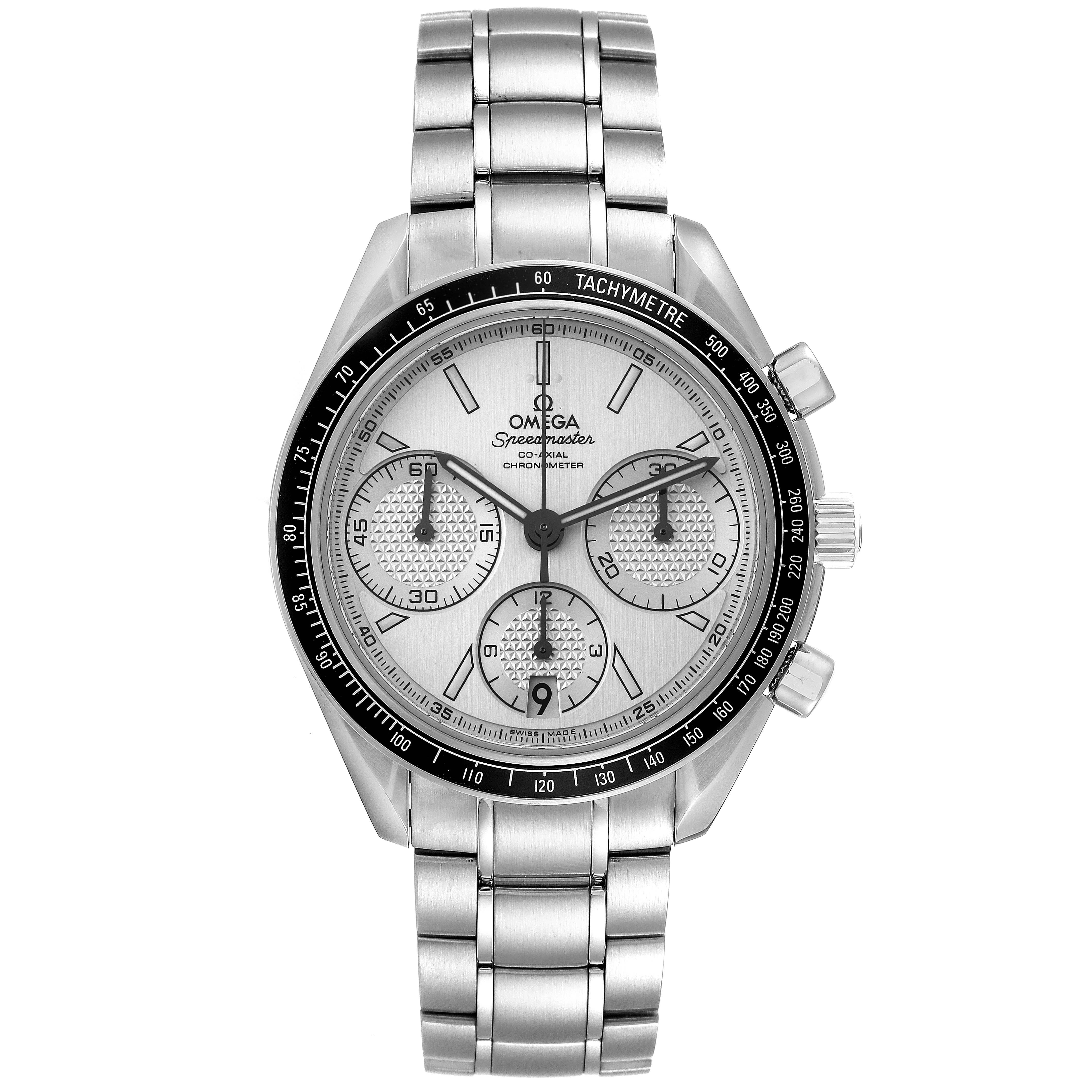 This Omega Speedmaster 326.30.40.50.02.001 Men's Stainless Steel Silver Dial 326.30.40.50.02.001 Men's Stainless Steel Silver Dial watch is shown from a front angle, revealing its face, tachymeter bezel, and metal bracelet.