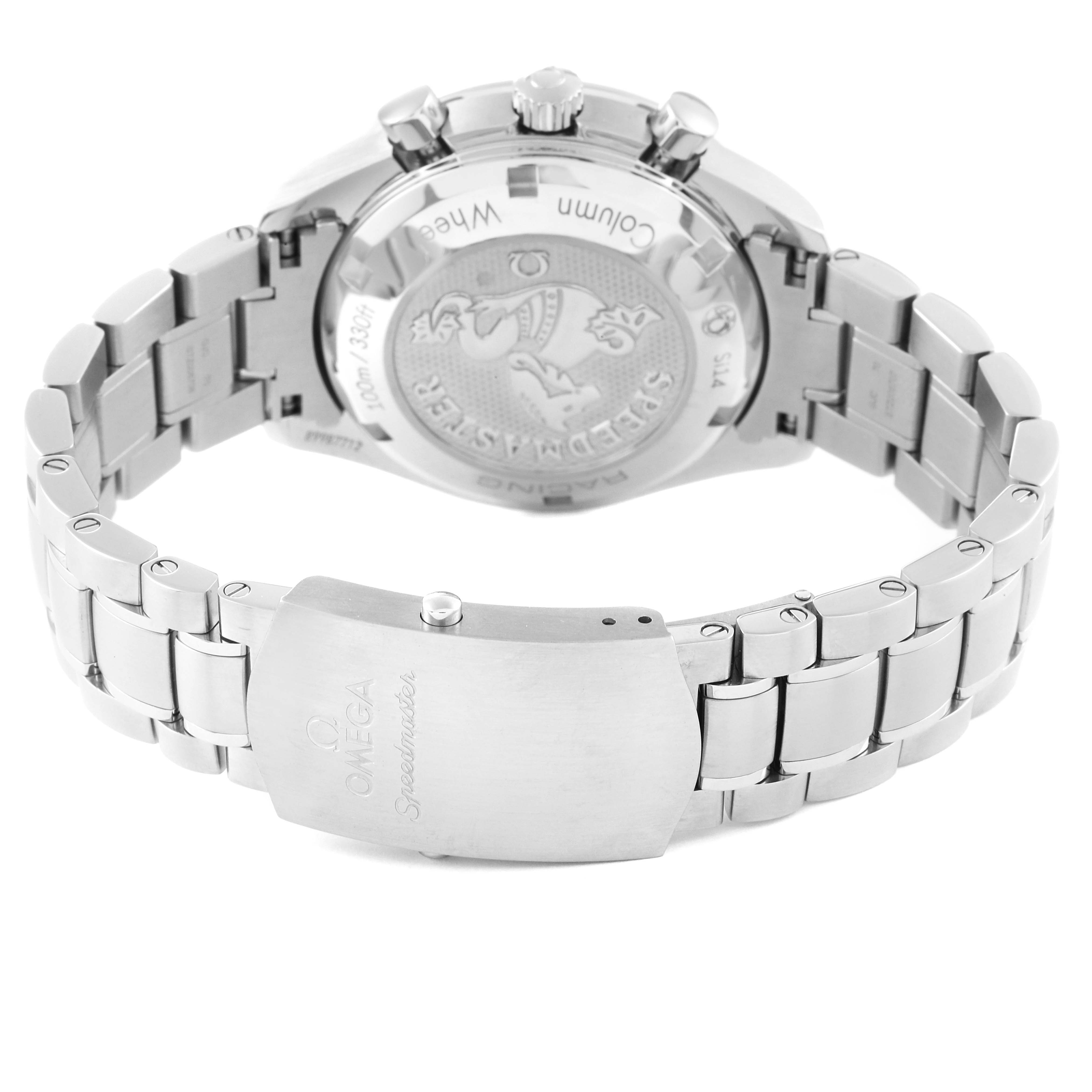 This image shows the back view of an Omega Speedmaster 326.30.40.50.02.001 Men's Stainless Steel Silver Dial 326.30.40.50.02.001 Men's Stainless Steel Silver Dial watch, focusing on the clasp and bracelet.